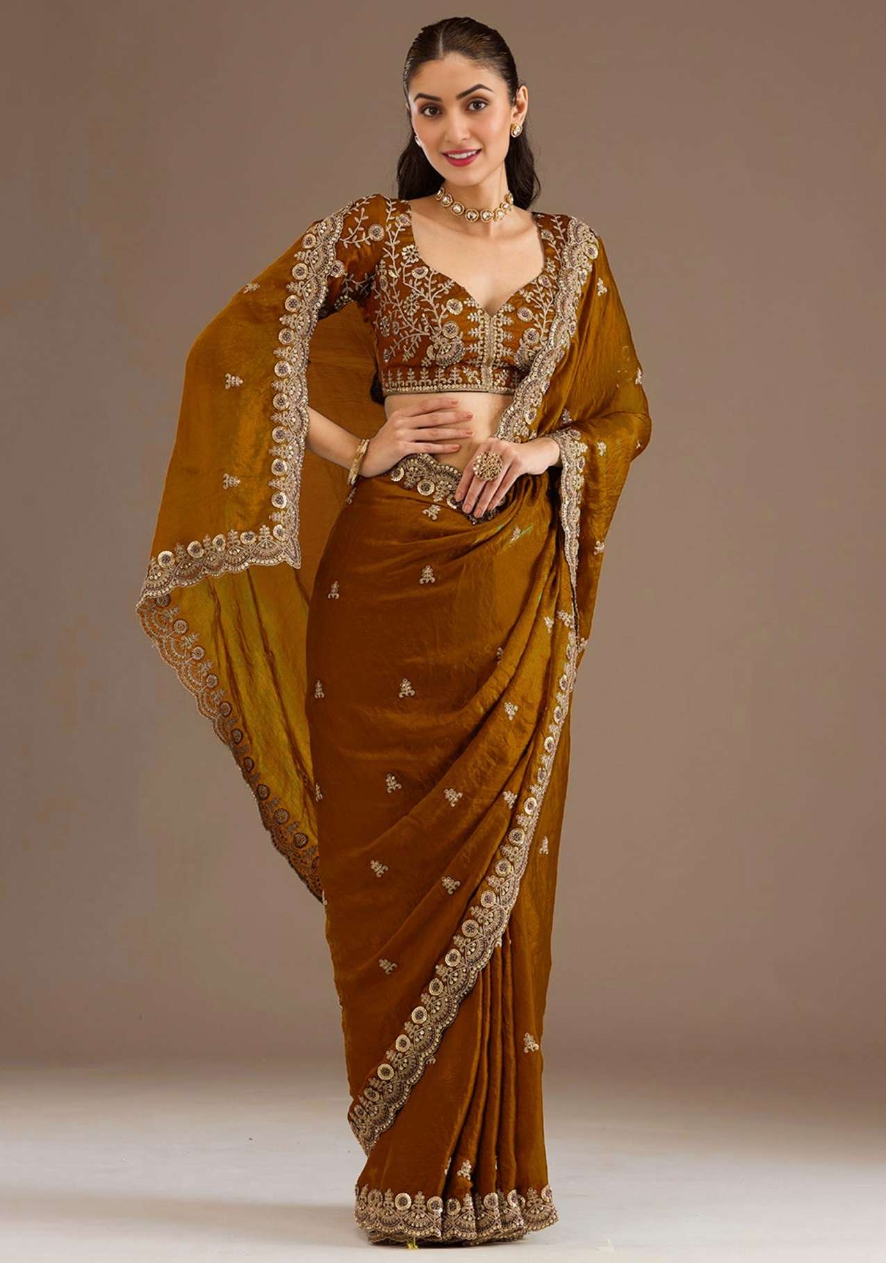 DESIGNER WEDDING PARTY WEAR TISSUE SILK GOLD SAREE WITH ZARI THREAD SEQUENCE WORK COLLECTION ZC 1026 F