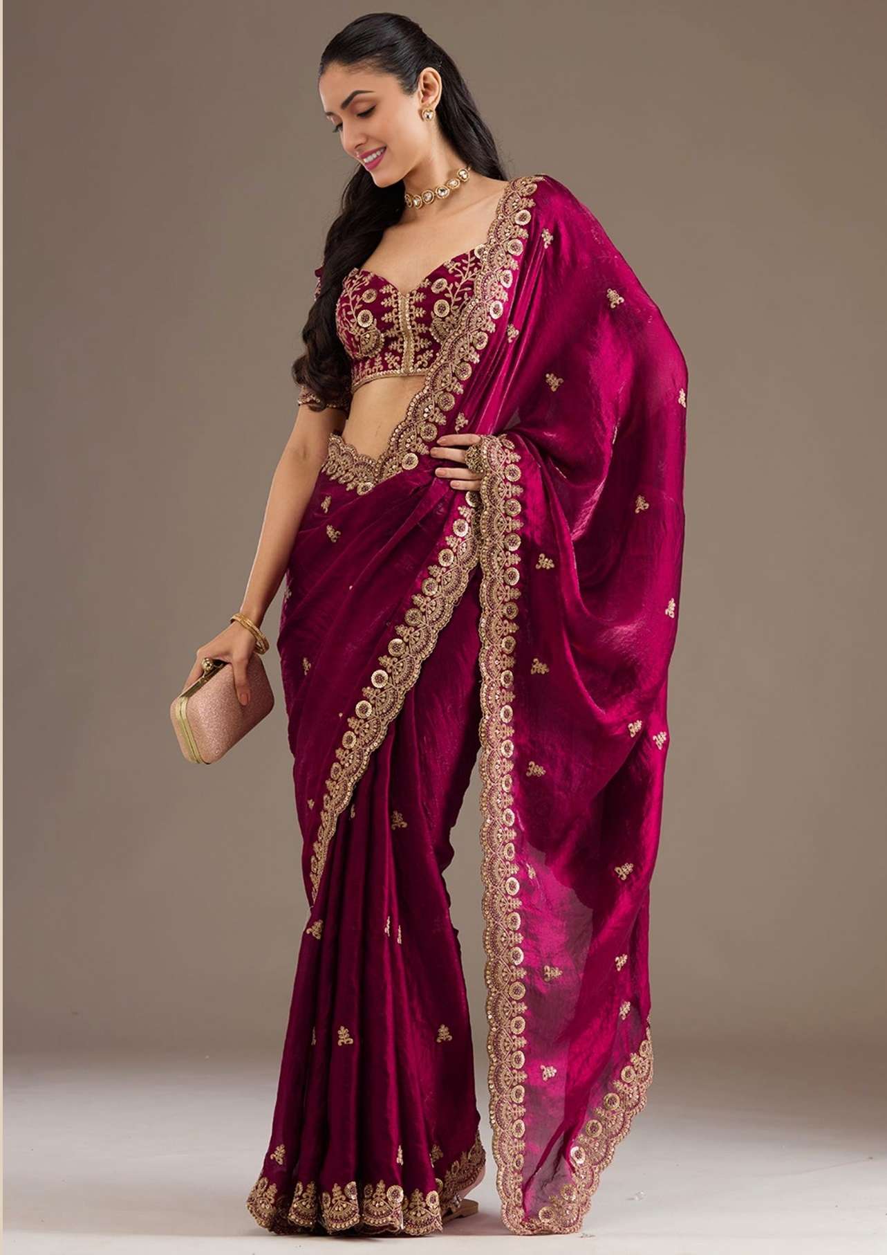 DESIGNER WEDDING PARTY WEAR TISSUE SILK MAROON SAREE WITH ZARI THREAD SEQUENCE WORK COLLECTION ZC 1026 D