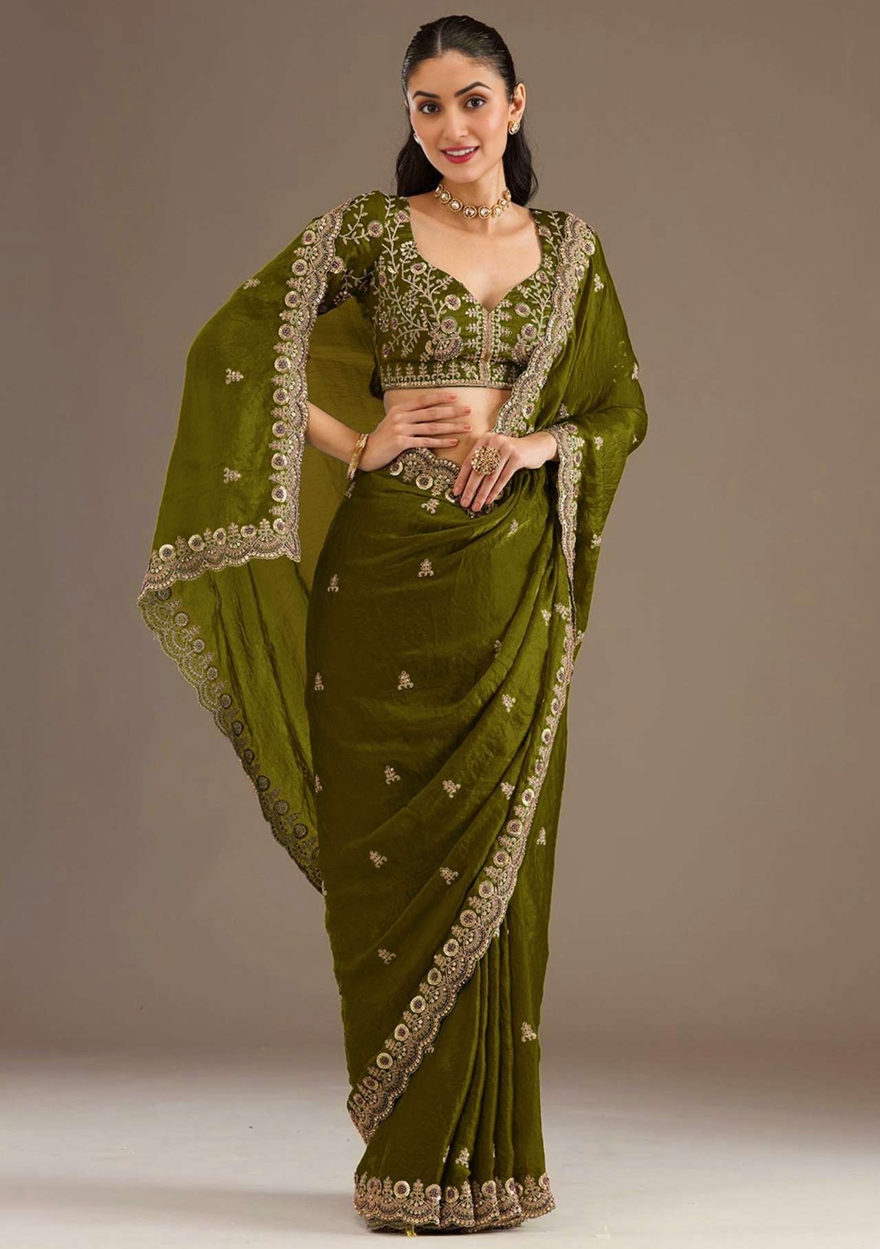 DESIGNER WEDDING PARTY WEAR TISSUE SILK OLIVE GREEN SAREE WITH ZARI THREAD SEQUENCE WORK COLLECTION ZC 1026 E