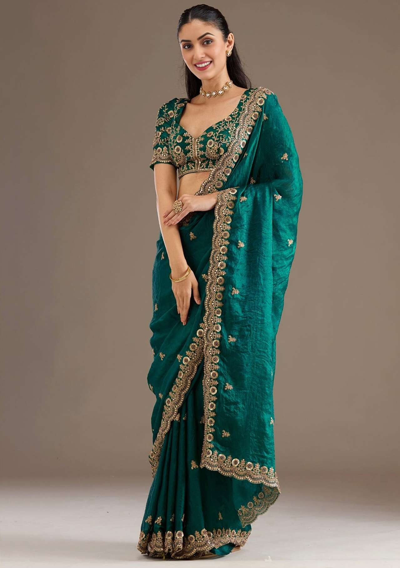DESIGNER WEDDING PARTY WEAR TISSUE SILK RAMA GREEN SAREE WITH ZARI THREAD SEQUENCE WORK COLLECTION ZC 1026 H