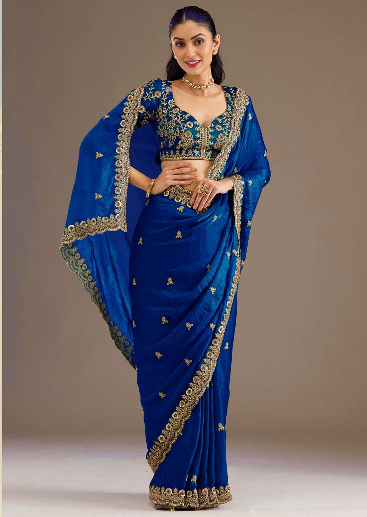 DESIGNER WEDDING PARTY WEAR TISSUE SILK ROYAL BLUE SAREE WITH ZARI THREAD SEQUENCE WORK COLLECTION ZC 1026 A