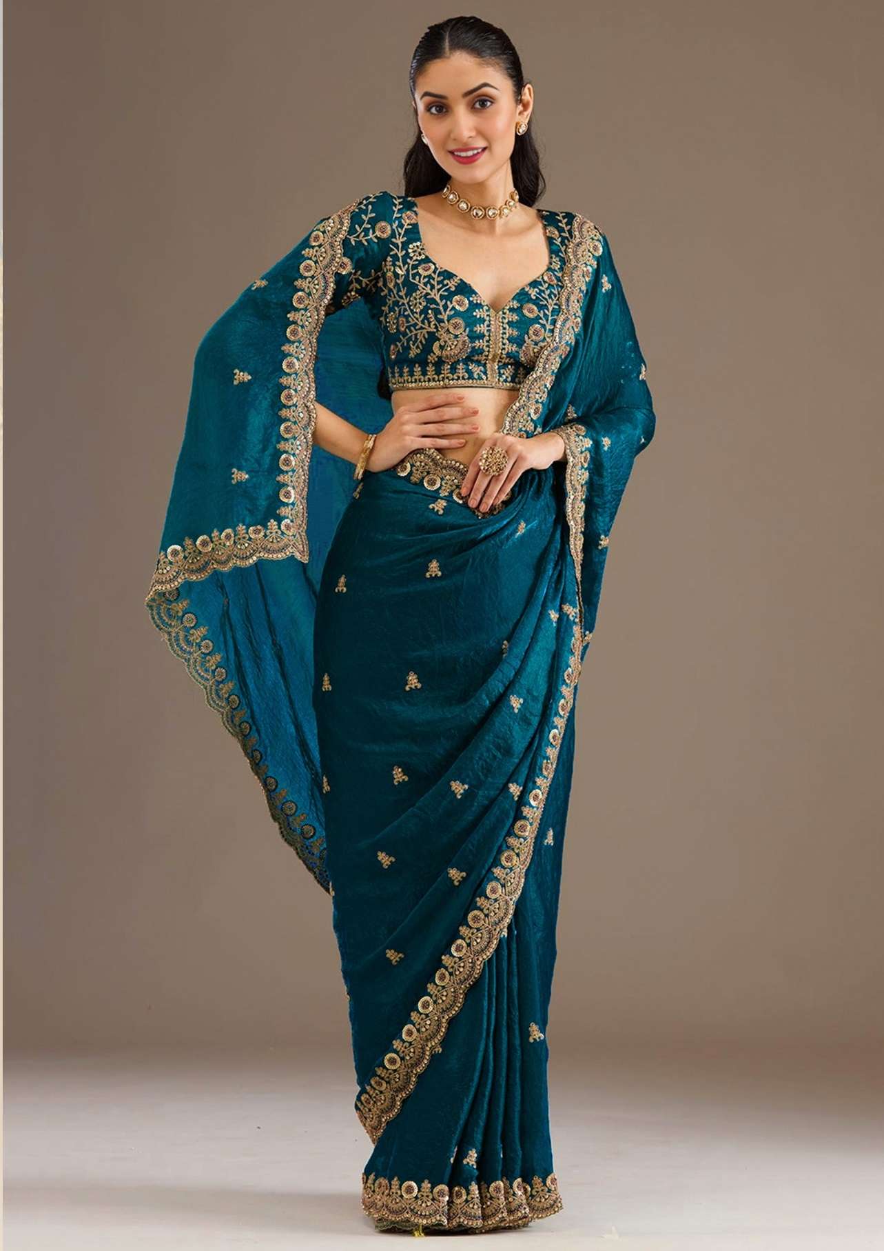 DESIGNER WEDDING PARTY WEAR TISSUE SILK TEAL BLUE SAREE WITH ZARI THREAD SEQUENCE WORK COLLECTION ZC 1026 B