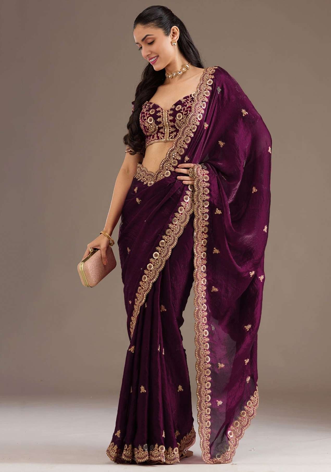 DESIGNER WEDDING PARTY WEAR TISSUE SILK WINE SAREE WITH ZARI THREAD SEQUENCE WORK COLLECTION ZC 1026 G
