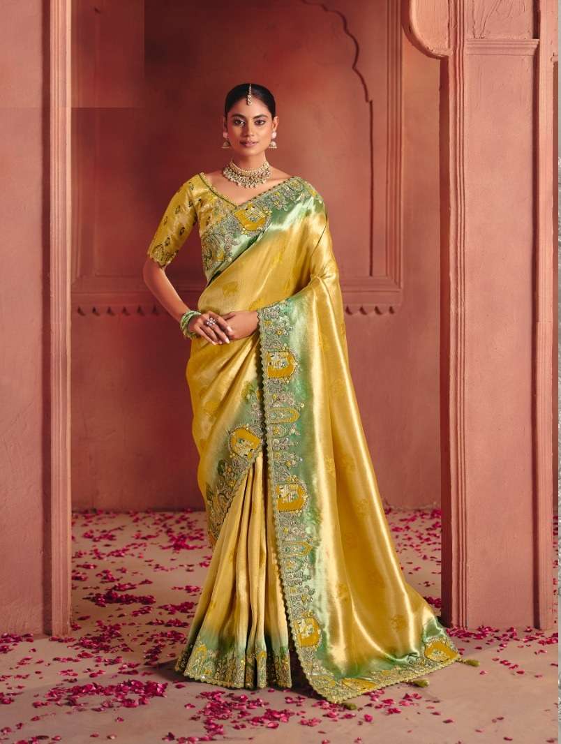 DESIGNER WEDDING PARTY WEAR YELLOW SILK SAREE WITH THREAD SEQUENCE WORK COLLECTION SM TATHASTU 8307