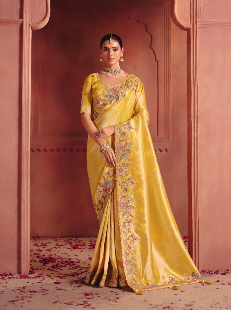 DESIGNER WEDDING PARTY WEAR YELLOW SILK SAREE WITH THREAD SEQUENCE WORK COLLECTION SM TATHASTU 8310