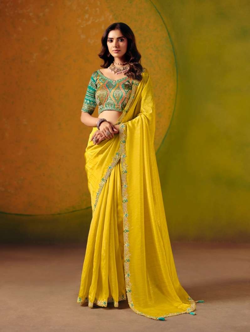 DESIGNER WEDDING PARTY WEAR YELLOW SILK SAREE WITH THREAD SEQUENCE WORK COLLECTION SM TATHASTU 8407