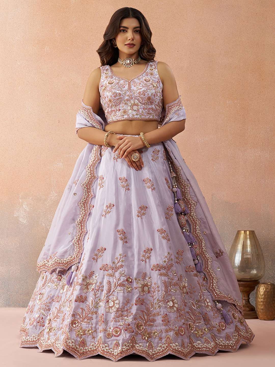 INDIAN DESIGNER BOLLYWOOD WEDDING PARTY WEAR HEAVY TISSUE SILK LAVENDER LEHENGA CHOLI NT 6109