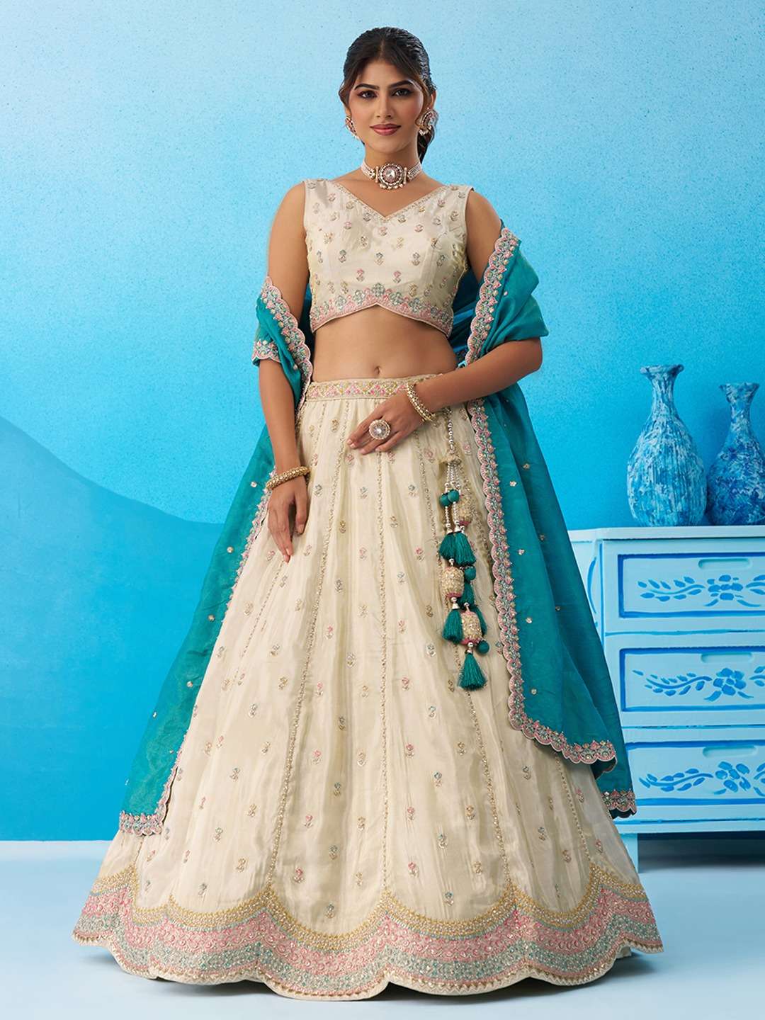 INDIAN DESIGNER BOLLYWOOD WEDDING PARTY WEAR HEAVY TISSUE SILK BEIGE SKY BLUE LEHENGA CHOLI NT 6137 A
