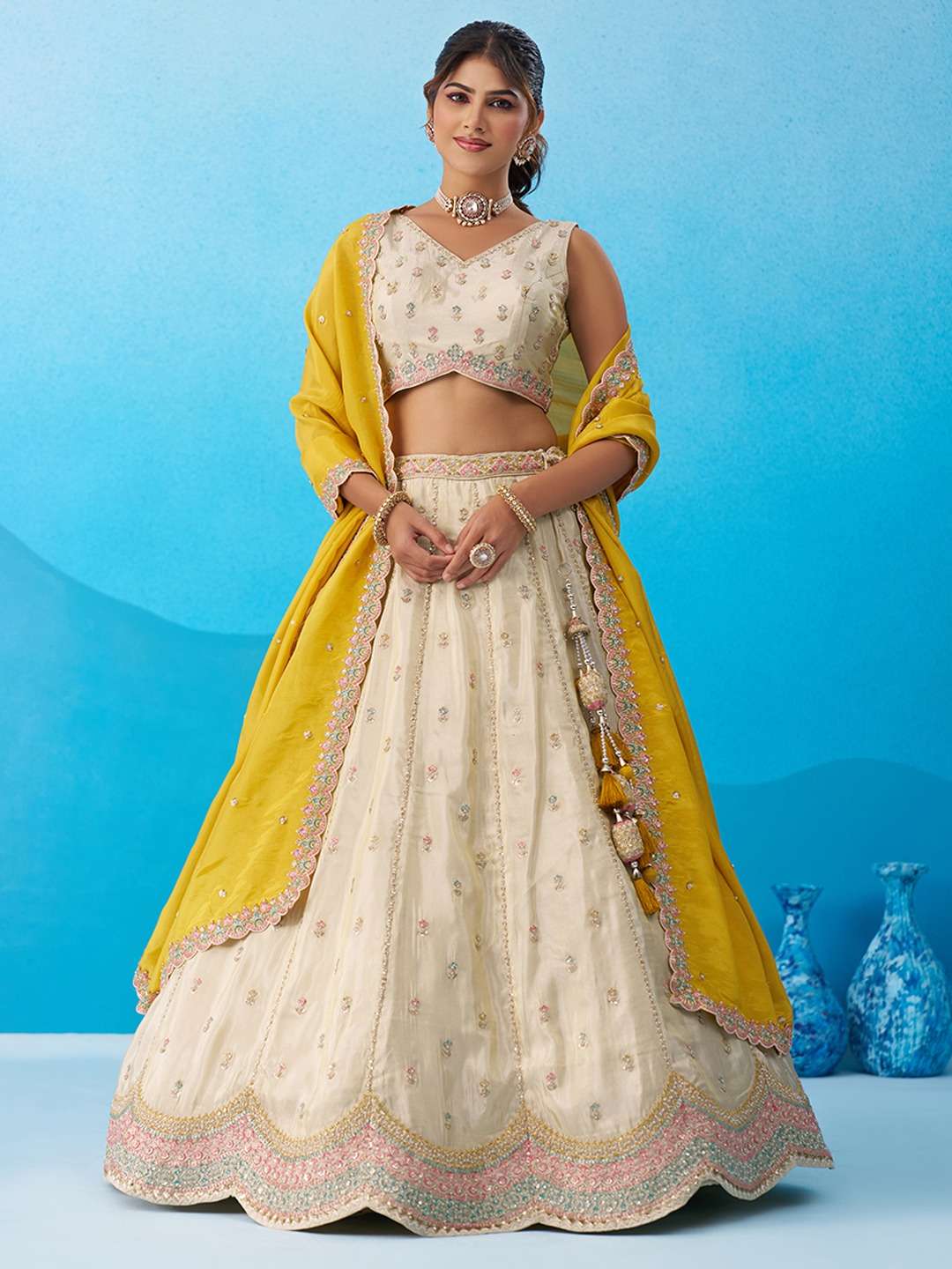 INDIAN DESIGNER BOLLYWOOD WEDDING PARTY WEAR HEAVY TISSUE SILK BEIGE YELLOW LEHENGA CHOLI NT 6137 B