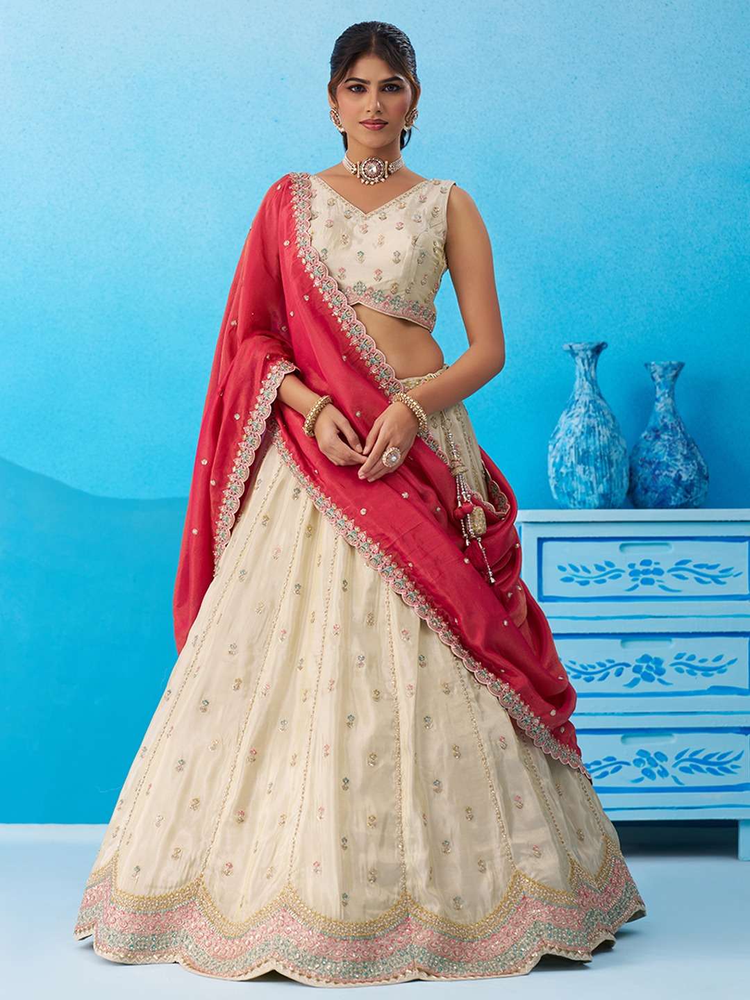 INDIAN DESIGNER BOLLYWOOD WEDDING PARTY WEAR HEAVY TISSUE SILK BEIGE RED LEHENGA CHOLI NT 6137 C