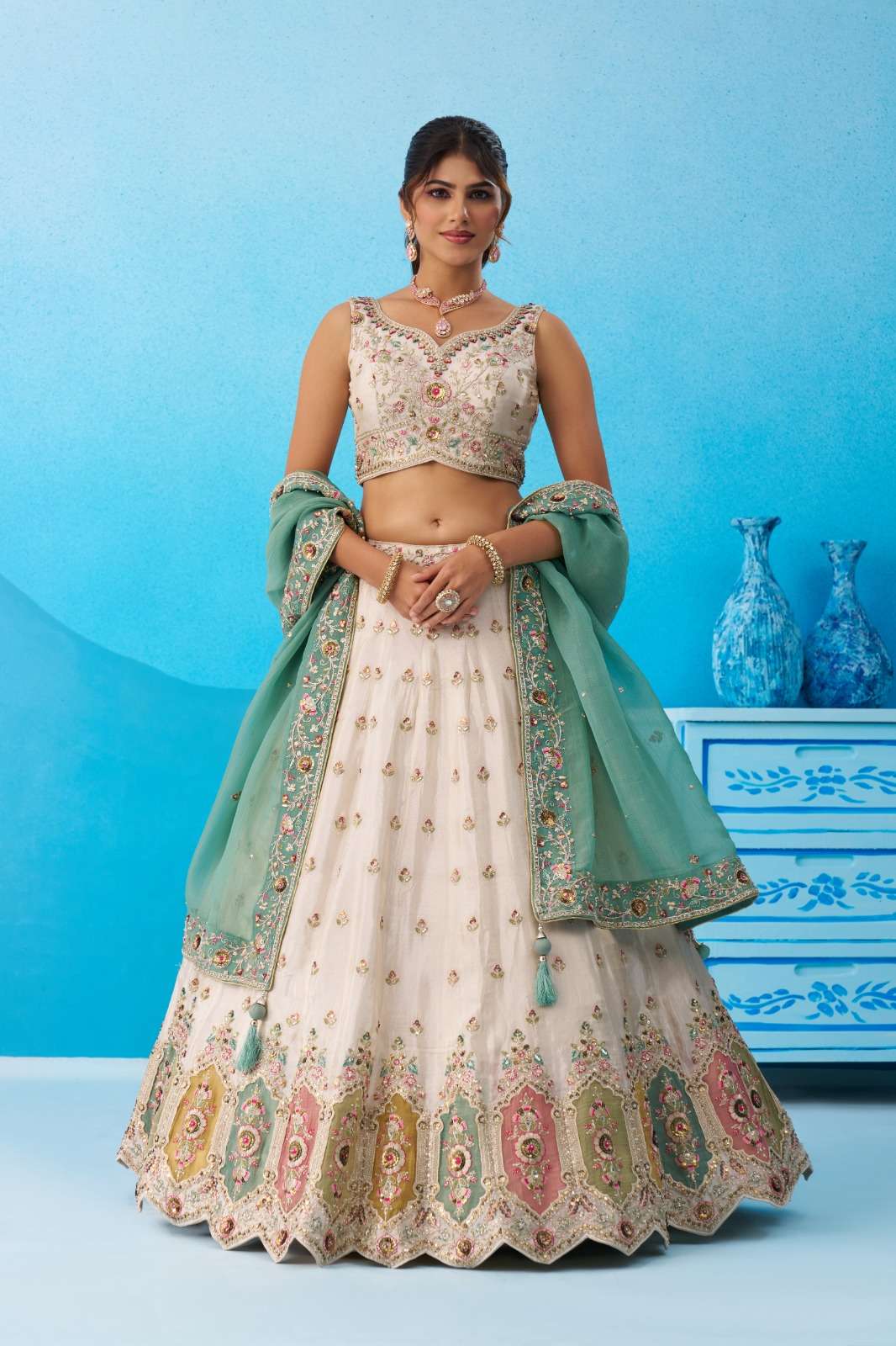 INDIAN DESIGNER BOLLYWOOD WEDDING PARTY WEAR HEAVY TISSUE SILK CREAM SKY BLUE LEHENGA CHOLI NT 6166 A