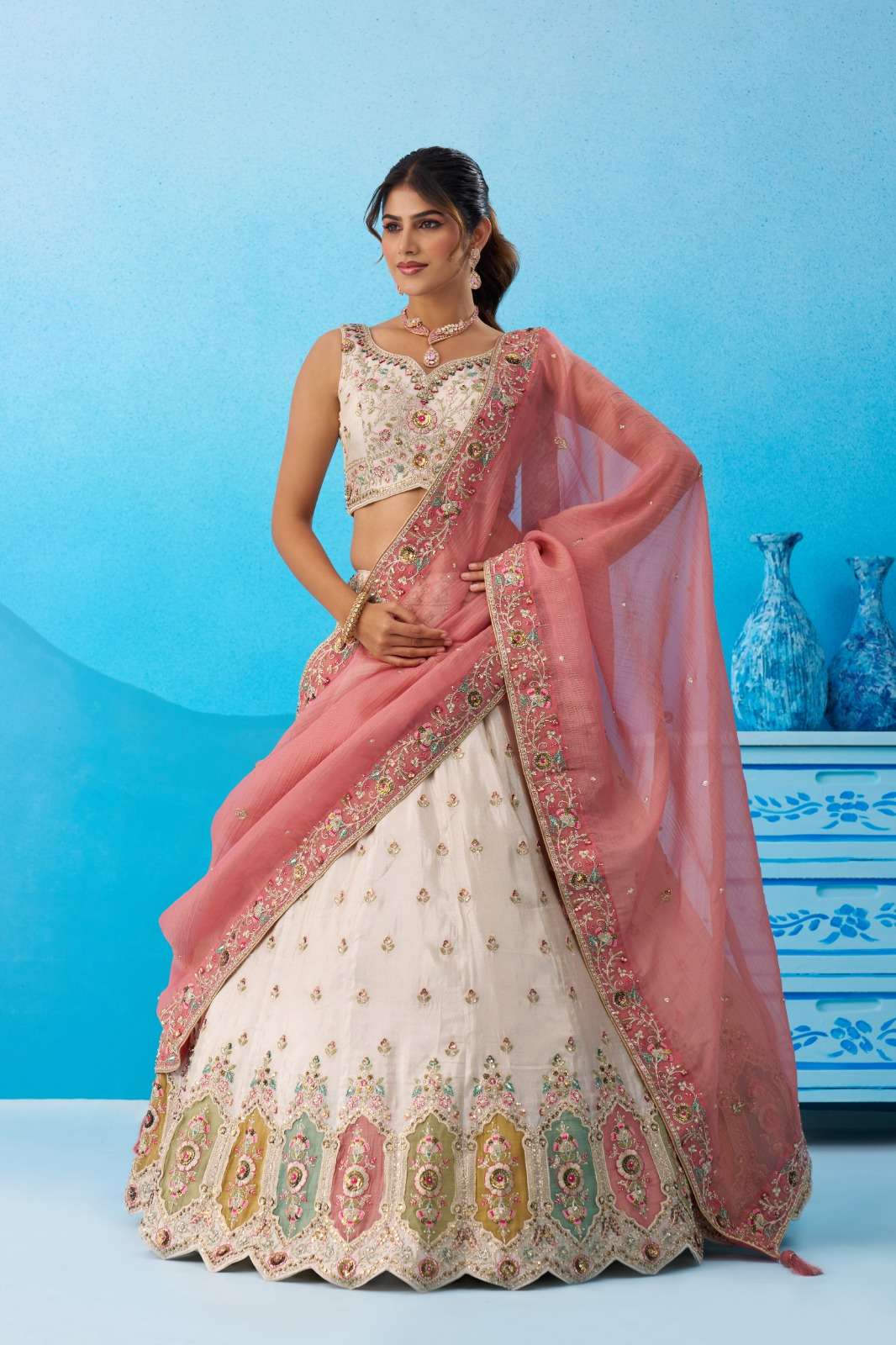 INDIAN DESIGNER BOLLYWOOD WEDDING PARTY WEAR HEAVY TISSUE SILK CREAM PINK LEHENGA CHOLI NT 6166 B