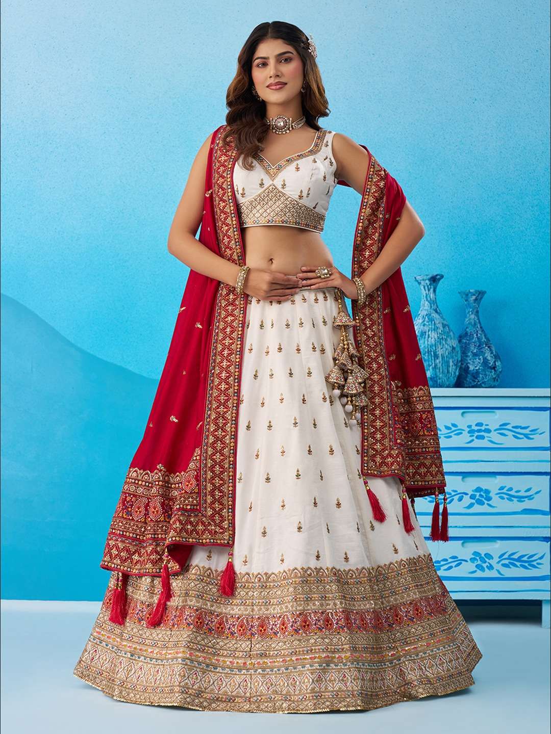 INDIAN DESIGNER BOLLYWOOD WEDDING PARTY WEAR HEAVY HEAVY CHINON SILK WHITE RED LEHENGA CHOLI NT 6213 B