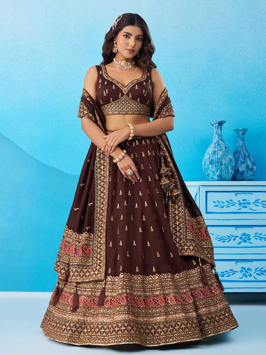 INDIAN DESIGNER BOLLYWOOD WEDDING PARTY WEAR HEAVY HEAVY CHINON SILK BROWN LEHENGA CHOLI NT 6213 C