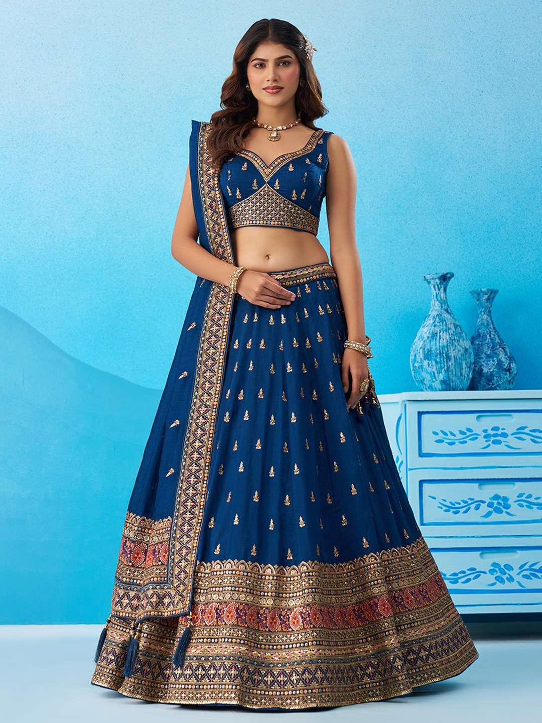 INDIAN DESIGNER BOLLYWOOD WEDDING PARTY WEAR HEAVY HEAVY CHINON SILK BLUE LEHENGA CHOLI NT 6213 D