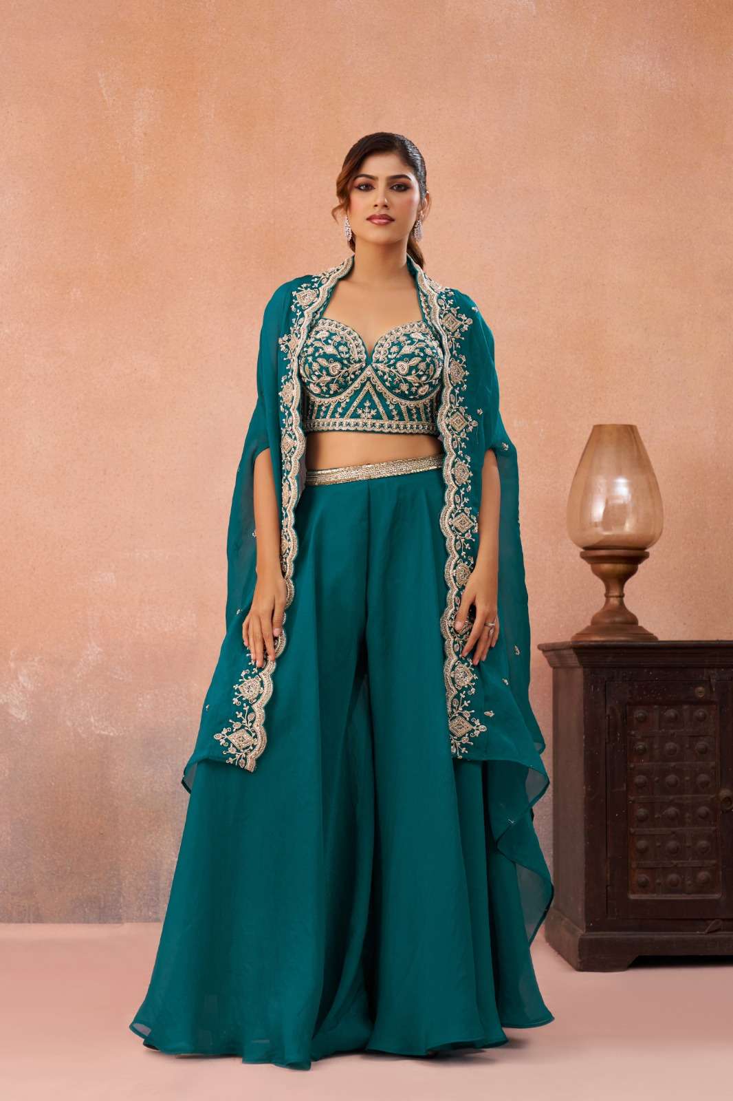 INDIAN DESIGNER FANCY WEDDING PARTY WEAR ORGANZA SILK READYMADE TEAL GREEN CROP TOP DUPATTA SET SALWAR SUIT NT 6 A