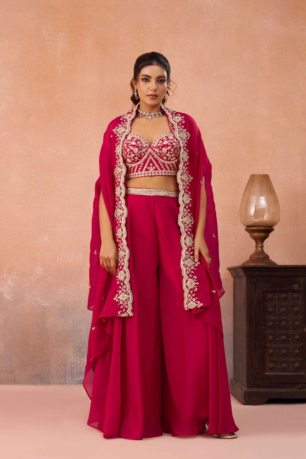 INDIAN DESIGNER FANCY WEDDING PARTY WEAR ORGANZA SILK READYMADE RANI PINK CROP TOP DUPATTA SET SALWAR SUIT NT 6 B