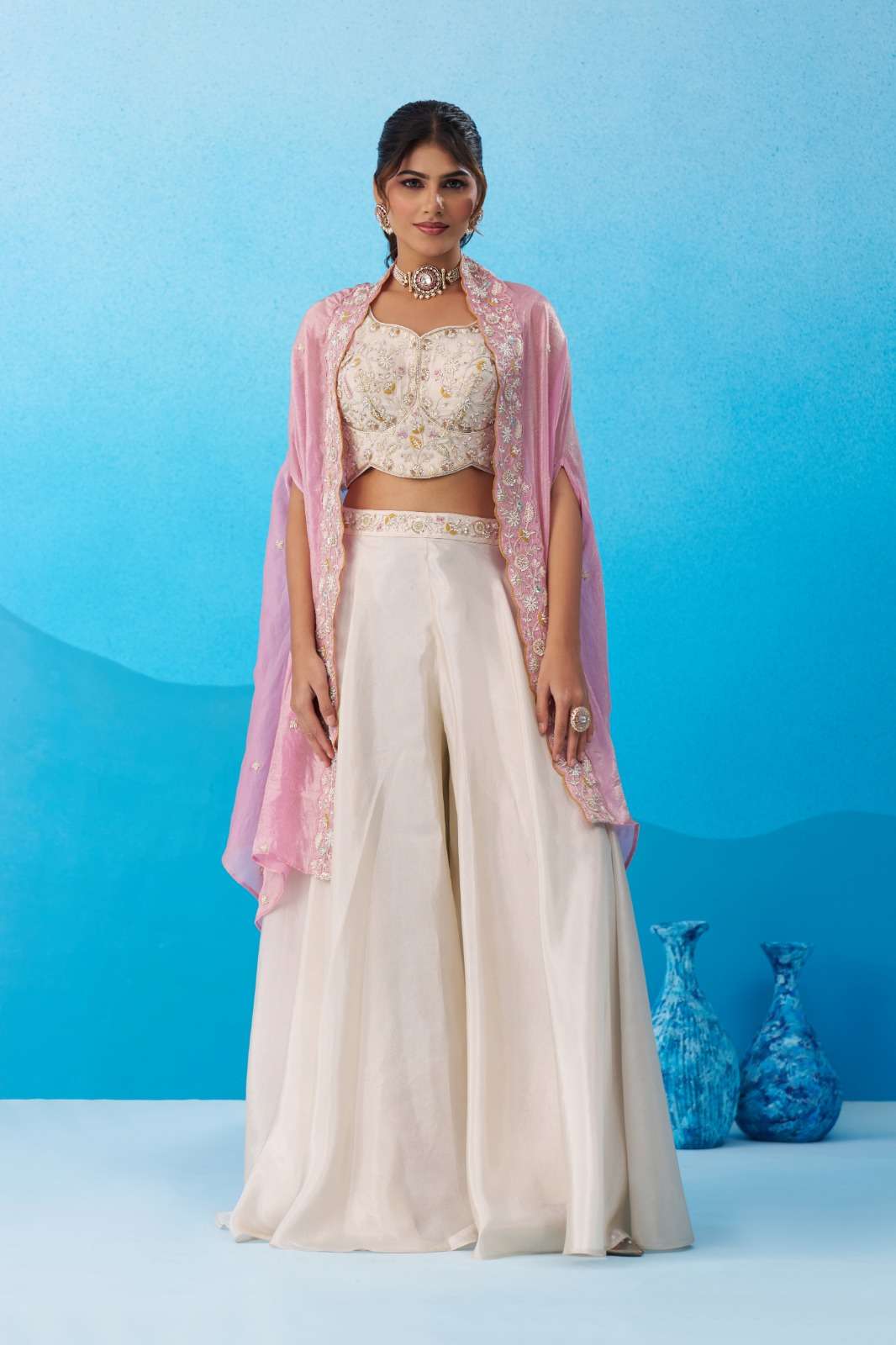 INDIAN DESIGNER FANCY WEDDING PARTY WEAR VISCOSE SILK CREAM PINK CROP TOP DUPATTA SET SALWAR SUIT NT 1 B