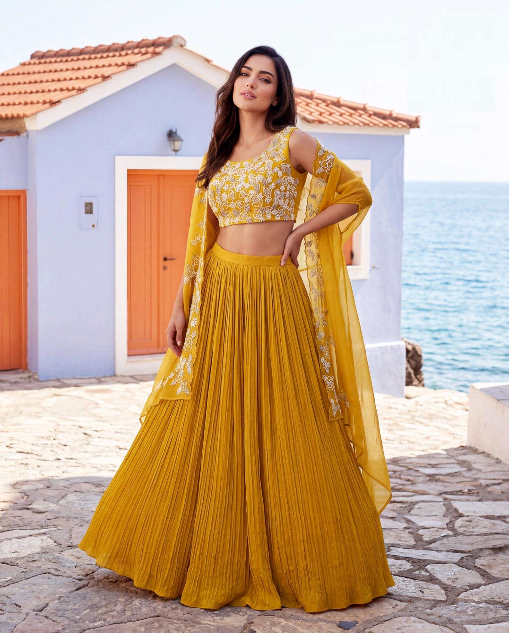 DESIGNER BOLLYWOOD BRIDAL WEDDING PARTY WEAR REAL CHINON SILK HAND WORK JACKETS YELLOW LEHENGA CHOLI SY PARI 60001