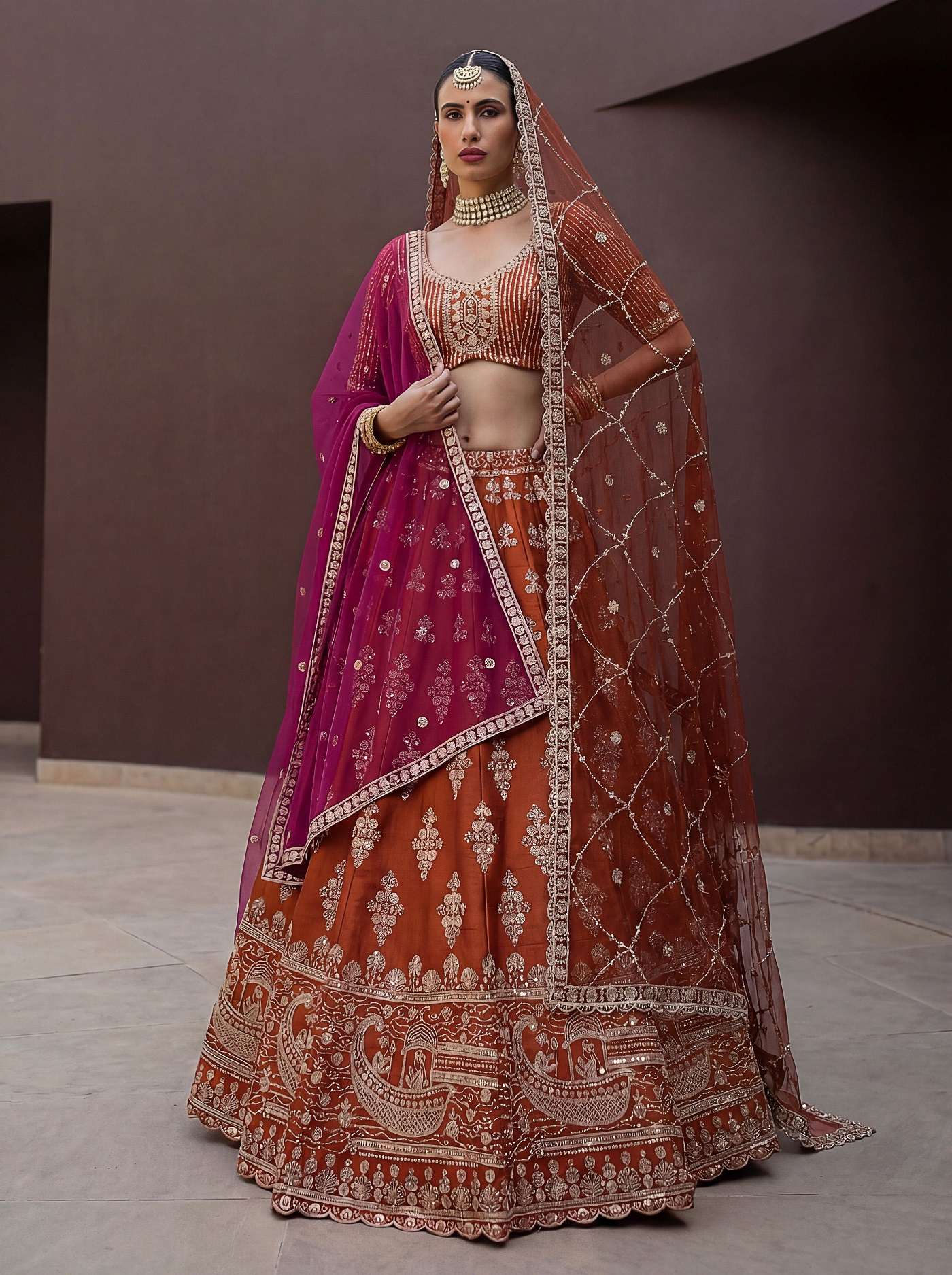 DESIGNER BOLLYWOOD BRIDAL WEDDING PARTY WEAR SILK HAND WORK ZARI ORANGE LEHENGA CHOLI SENHORA DRESSES SM PC SAMRIDHI 101