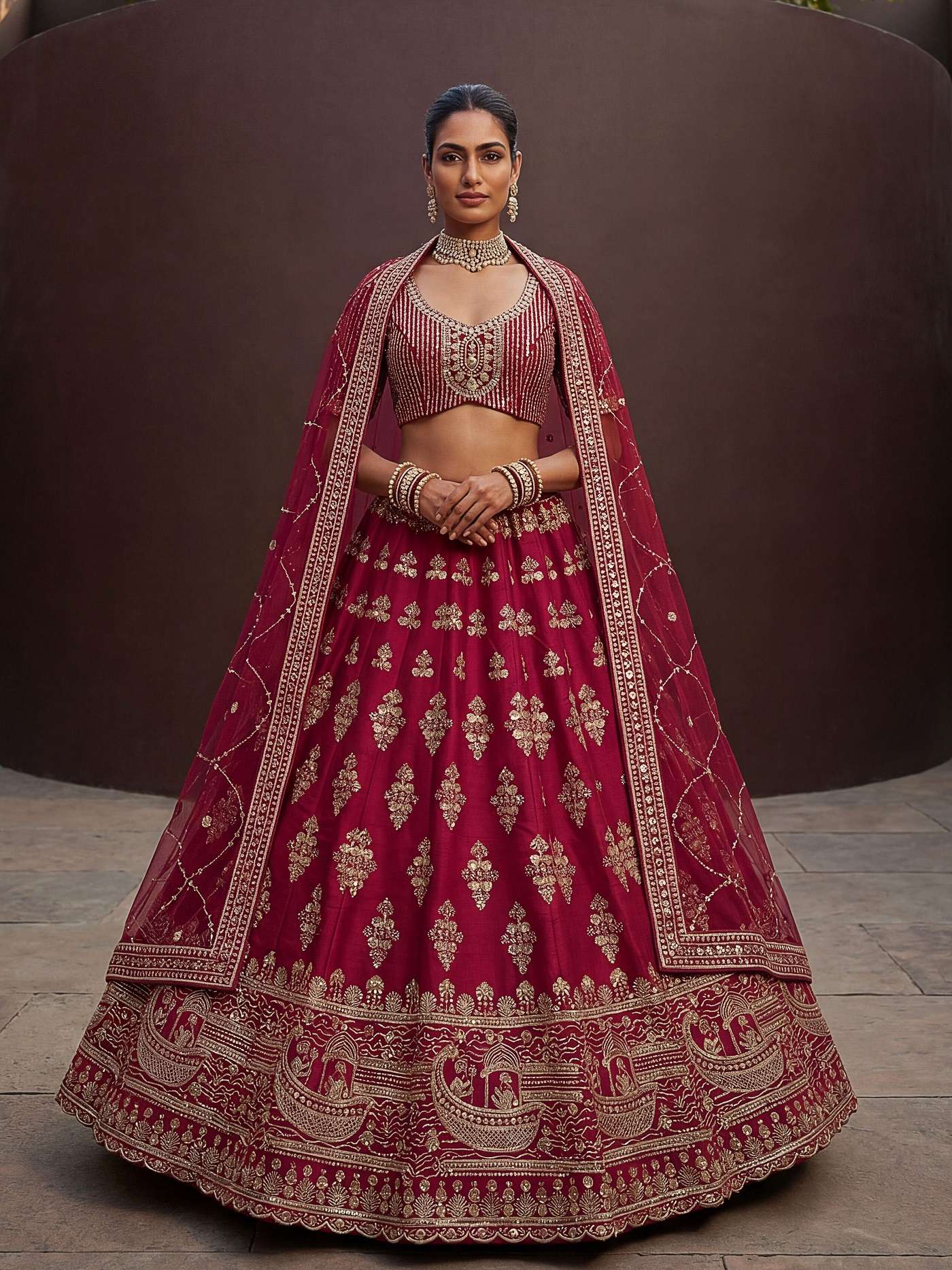 DESIGNER BOLLYWOOD BRIDAL WEDDING PARTY WEAR SILK HAND WORK ZARI RED LEHENGA CHOLI SENHORA DRESSES SM PC SAMRIDHI 102