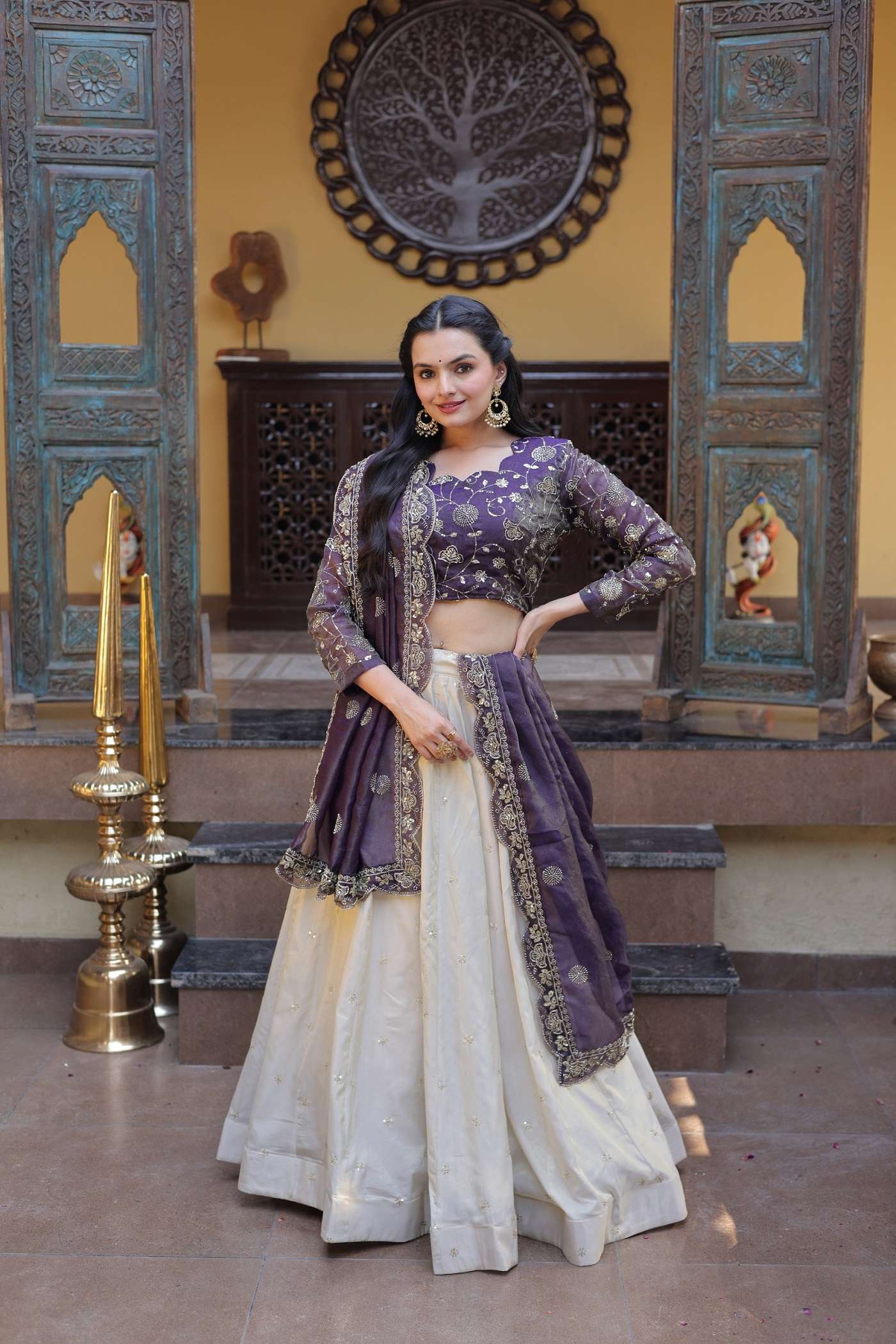 DESIGNER BRIDAL WEDDING PARTY WEAR COSMOS SILK WHITE PURPLE LEHENGA CHOLI SENHORA DRESSES LW 7164 A