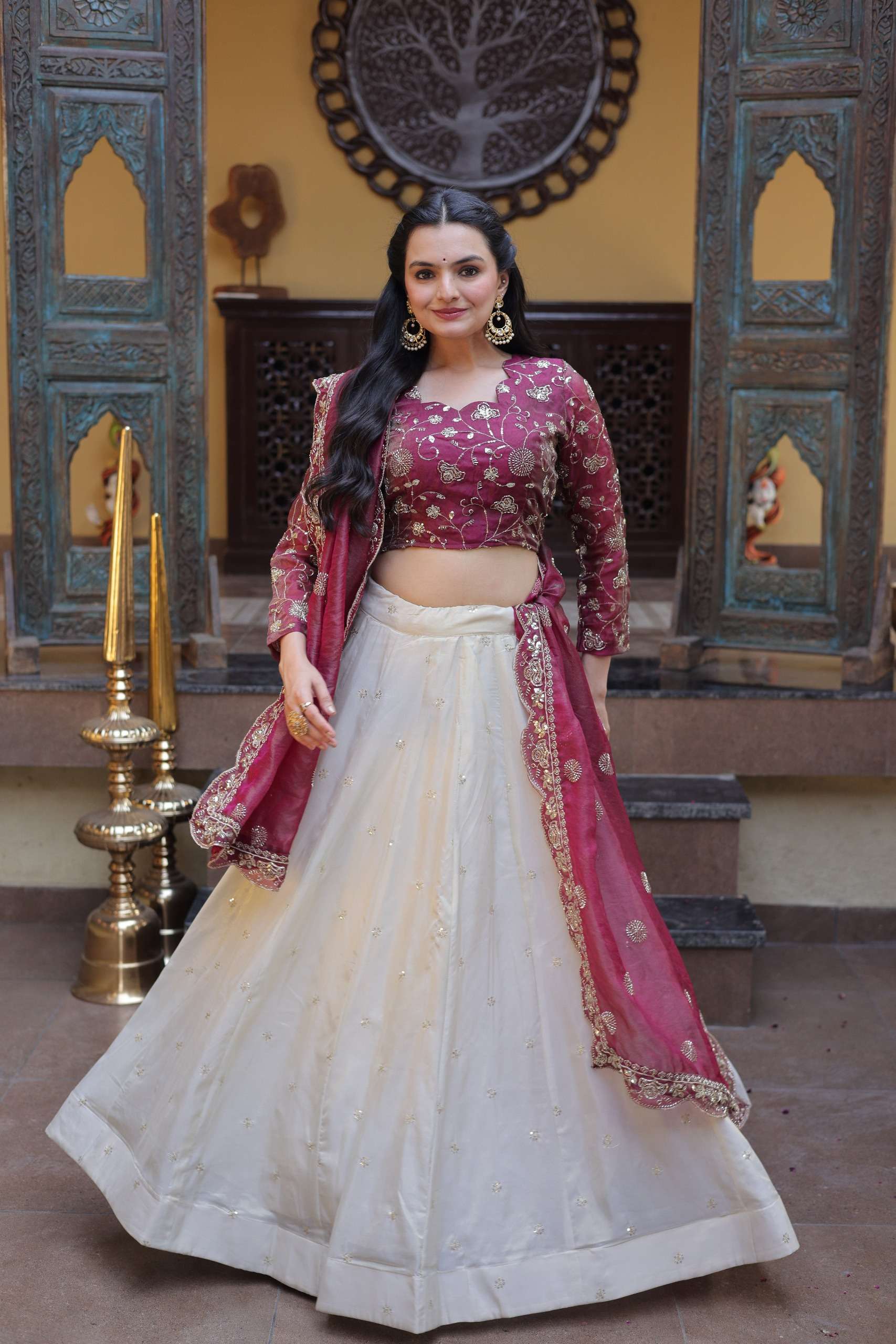 DESIGNER BRIDAL WEDDING PARTY WEAR COSMOS SILK WHITE MAROON LEHENGA CHOLI SENHORA DRESSES LW 7164 B