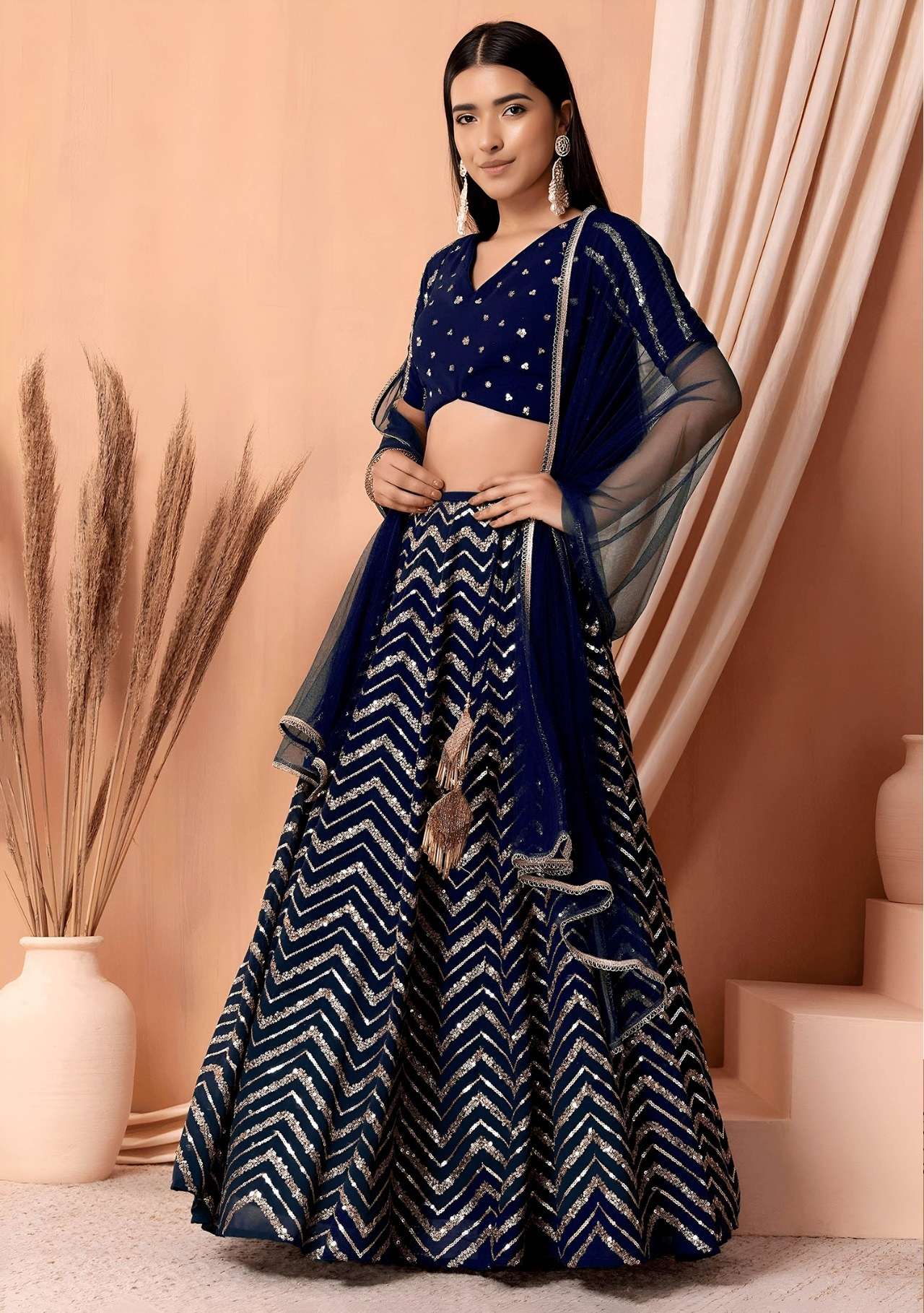 DESIGNER BRIDAL WEDDING PARTY WEAR GEORGETTE BLUE LEHENGA CHOLI SENHORA DRESSES ZC 7094 B
