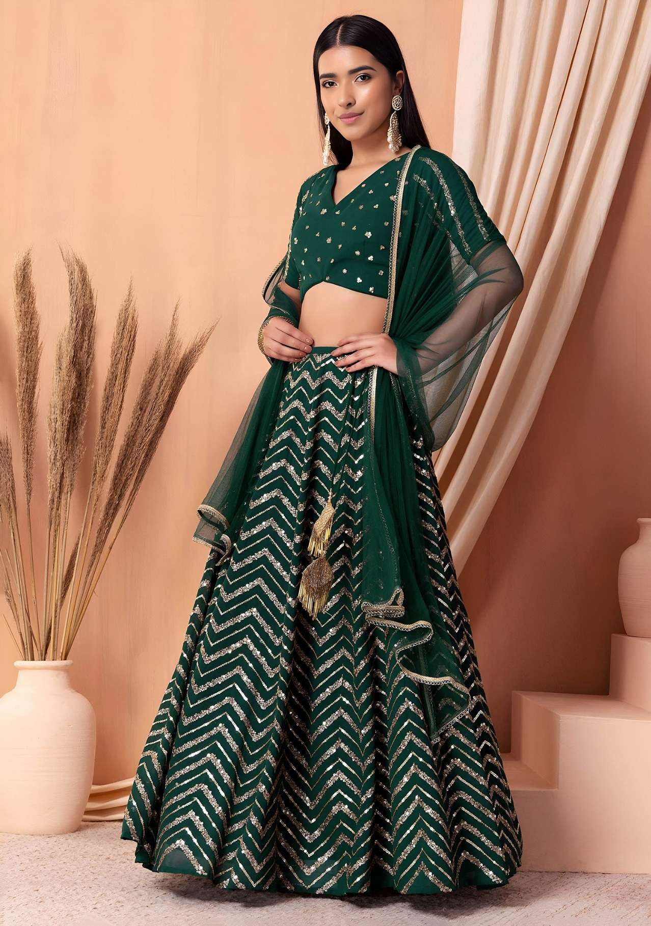 DESIGNER BRIDAL WEDDING PARTY WEAR GEORGETTE GREEN LEHENGA CHOLI SENHORA DRESSES ZC 7094 C