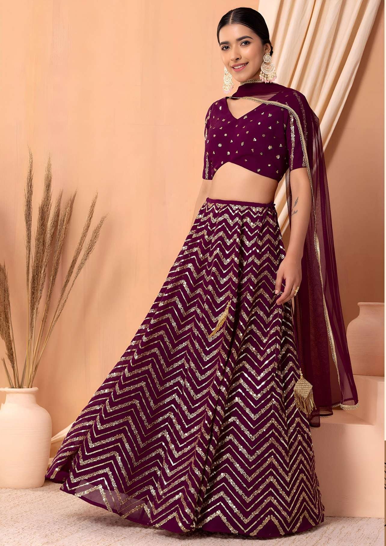 DESIGNER BRIDAL WEDDING PARTY WEAR GEORGETTE MAGENTA LEHENGA CHOLI SENHORA DRESSES ZC 7094 E