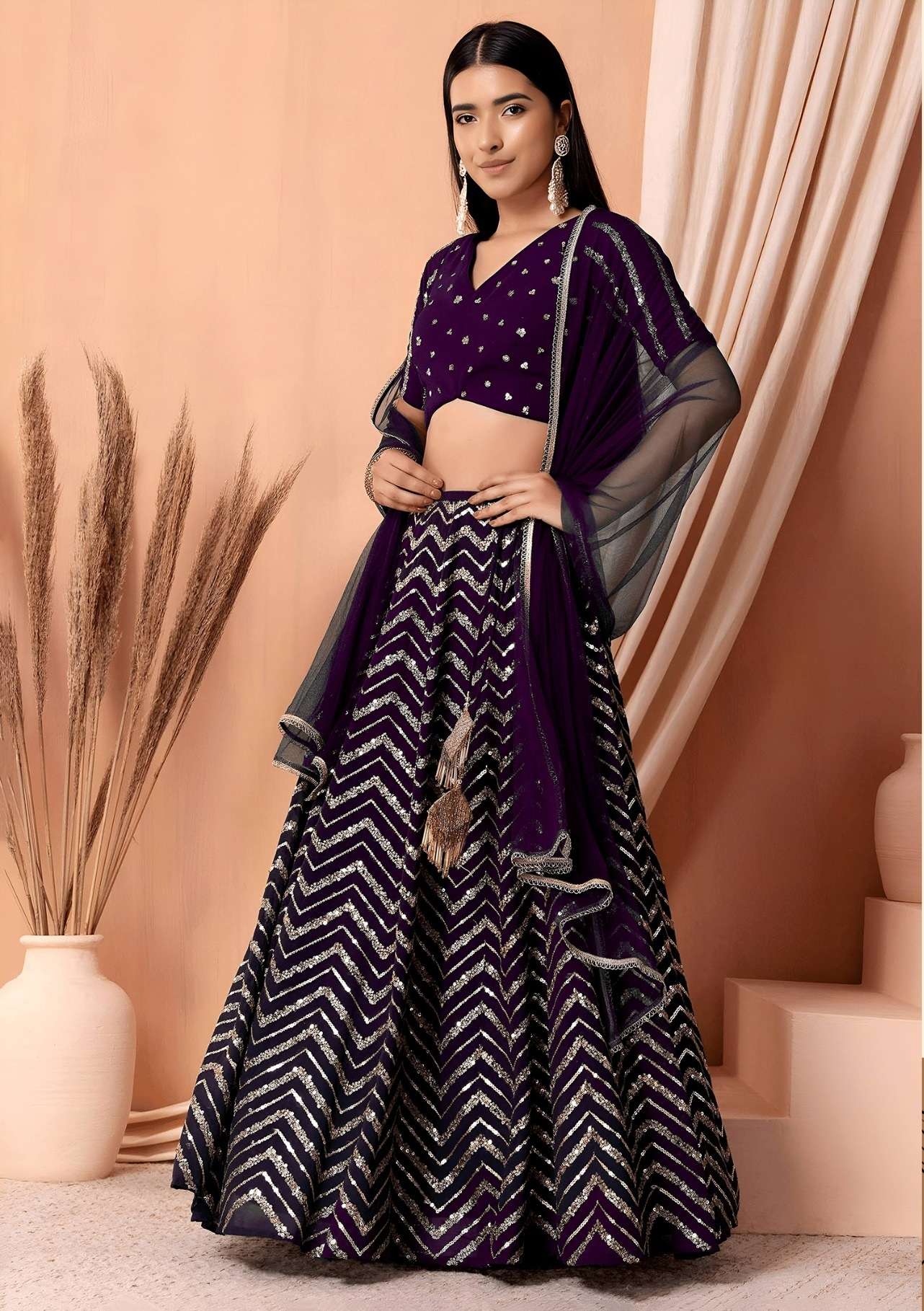 DESIGNER BRIDAL WEDDING PARTY WEAR GEORGETTE PURPLE LEHENGA CHOLI SENHORA DRESSES ZC 7094 D