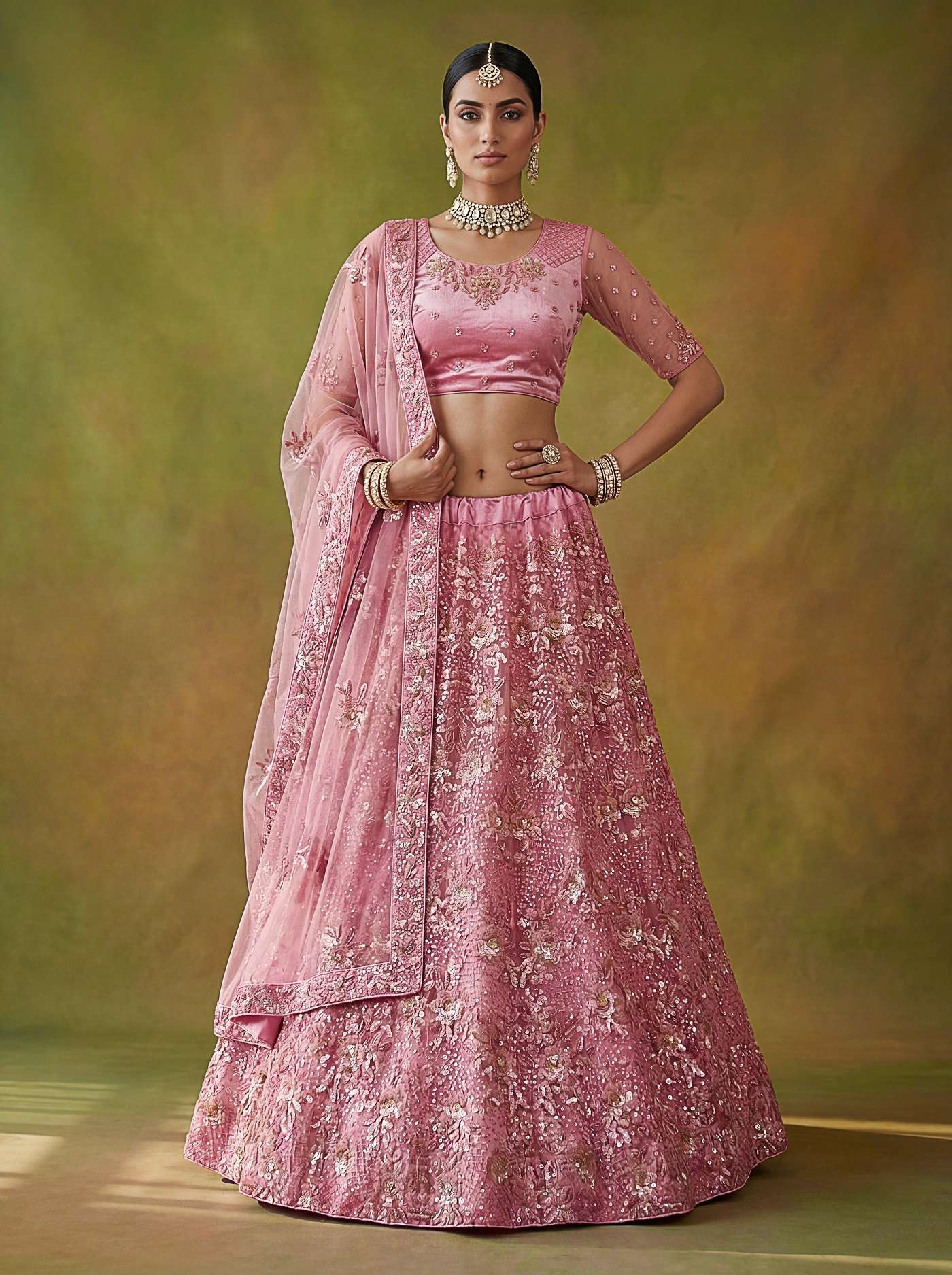 DESIGNER BRIDAL WEDDING PARTY WEAR LIGHT PINK NET LEHENGA CHOLI SENHORA DRESSES SM PC AISHA 105