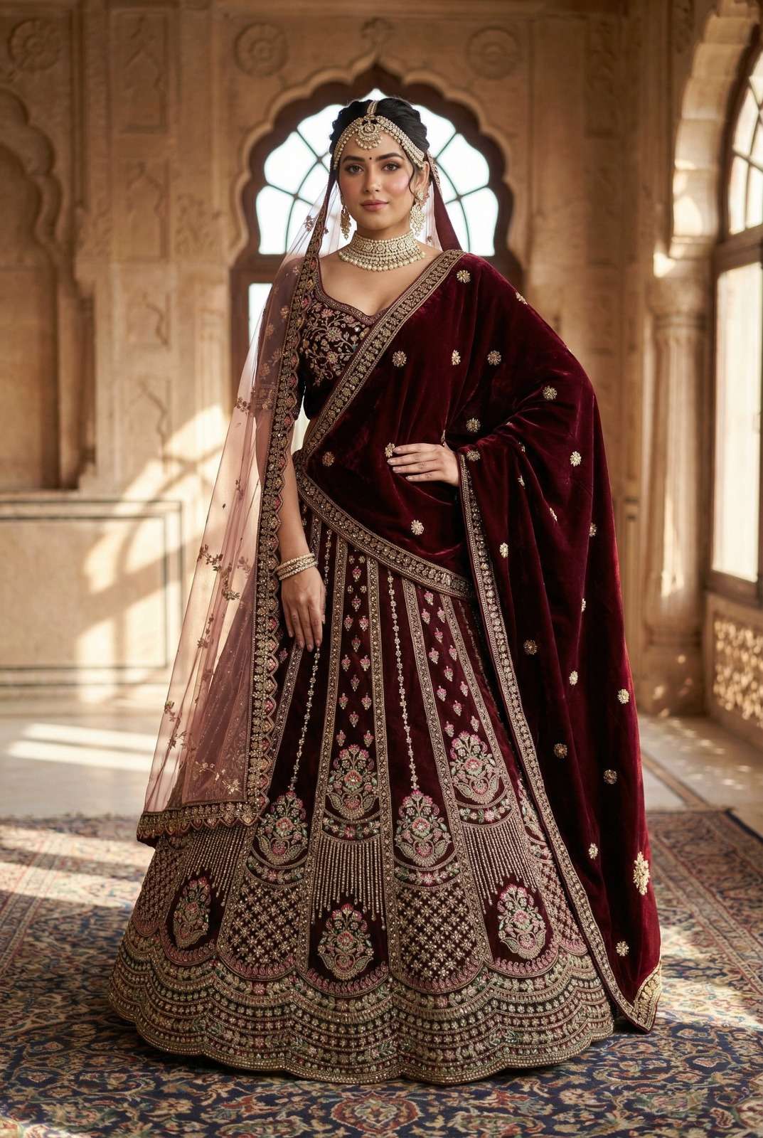 DESIGNER BRIDAL WEDDING PARTY WEAR MAROON VELVET LEHENGA CHOLI TWO DUPATTA SENHORA DRESSES SM PC AV 101