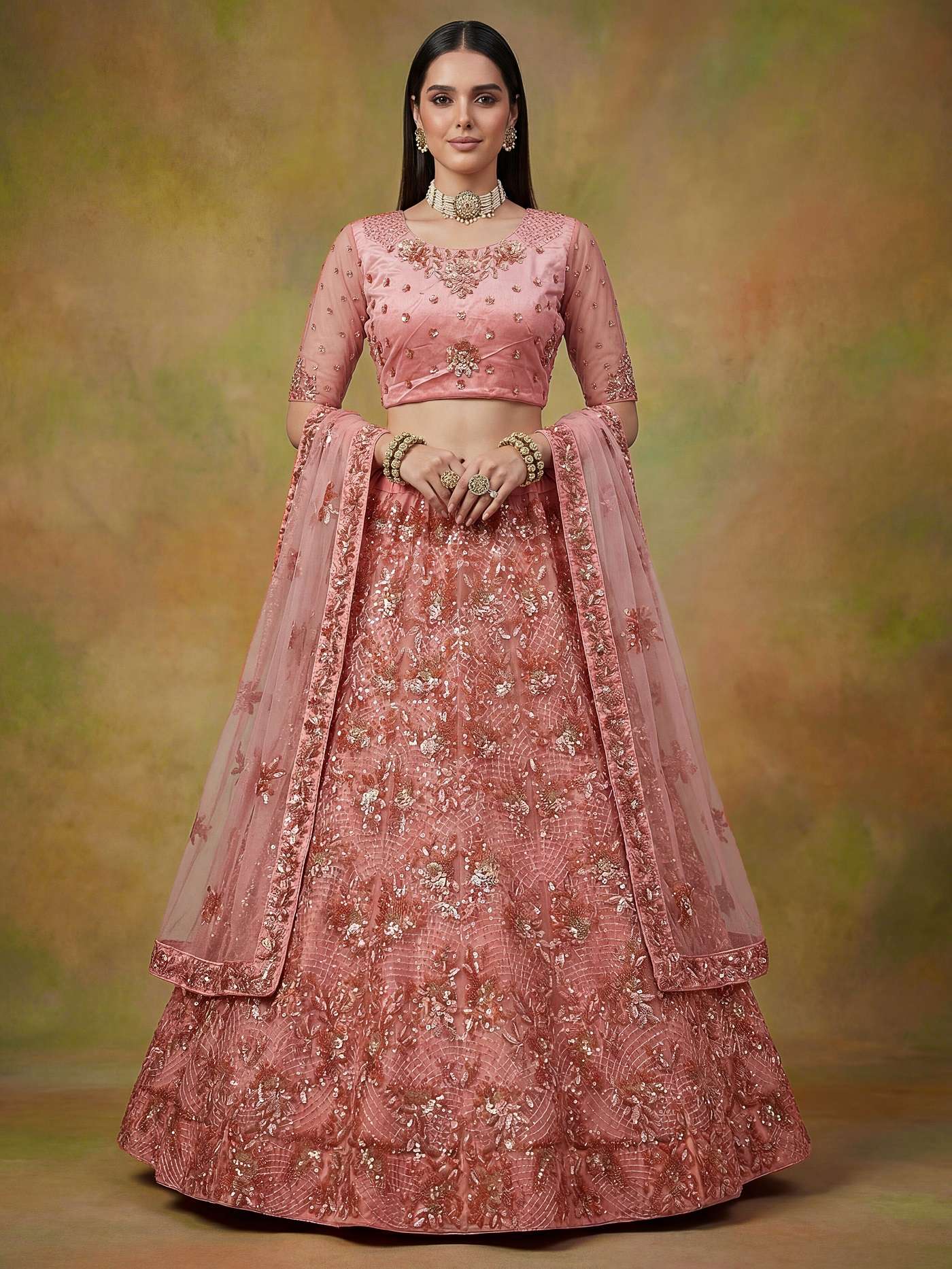 DESIGNER BRIDAL WEDDING PARTY WEAR PEACH NET LEHENGA CHOLI SENHORA DRESSES SM PC AISHA 104