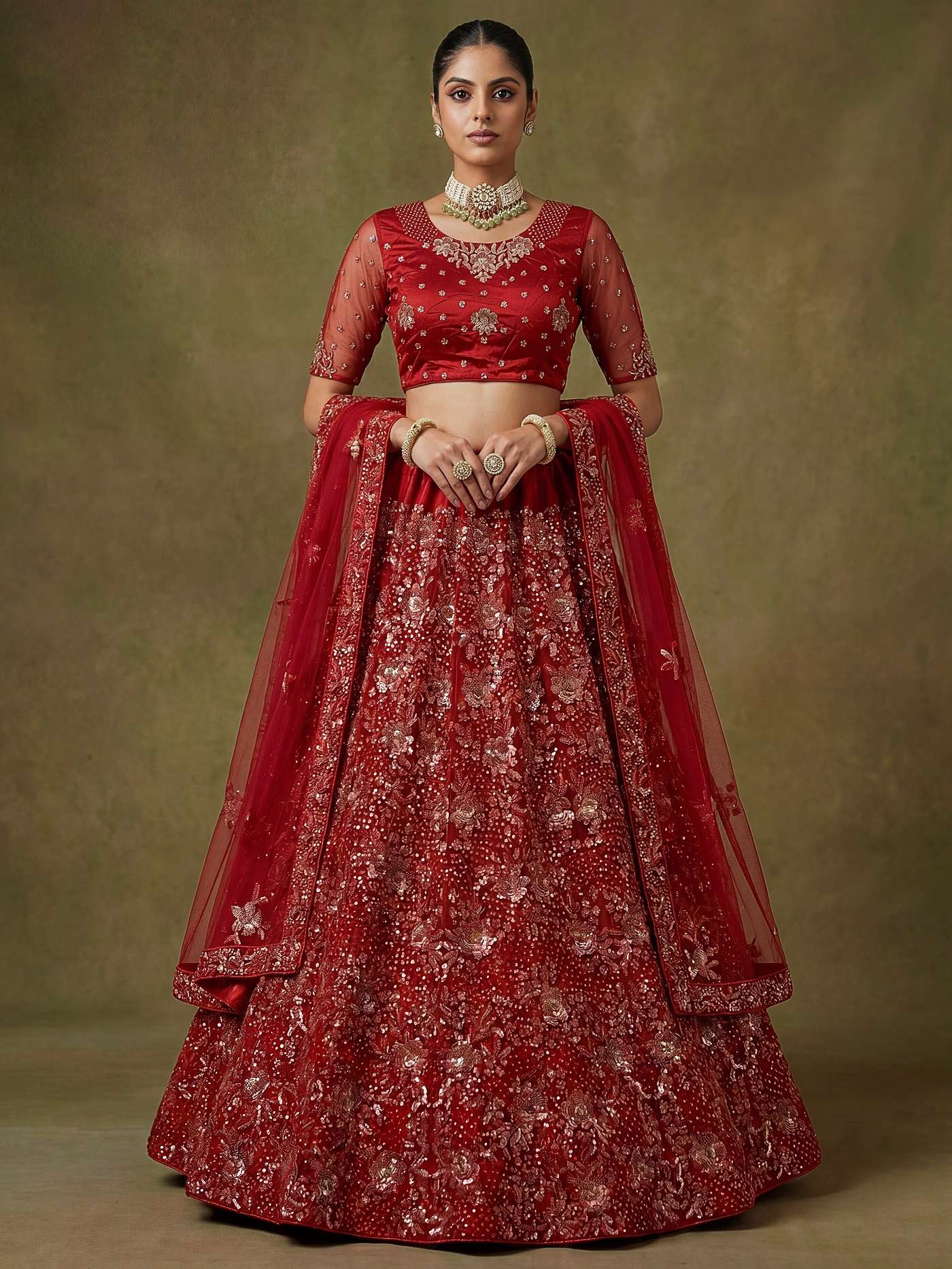 DESIGNER BRIDAL WEDDING PARTY WEAR RED NET LEHENGA CHOLI SENHORA DRESSES SM PC AISHA 103