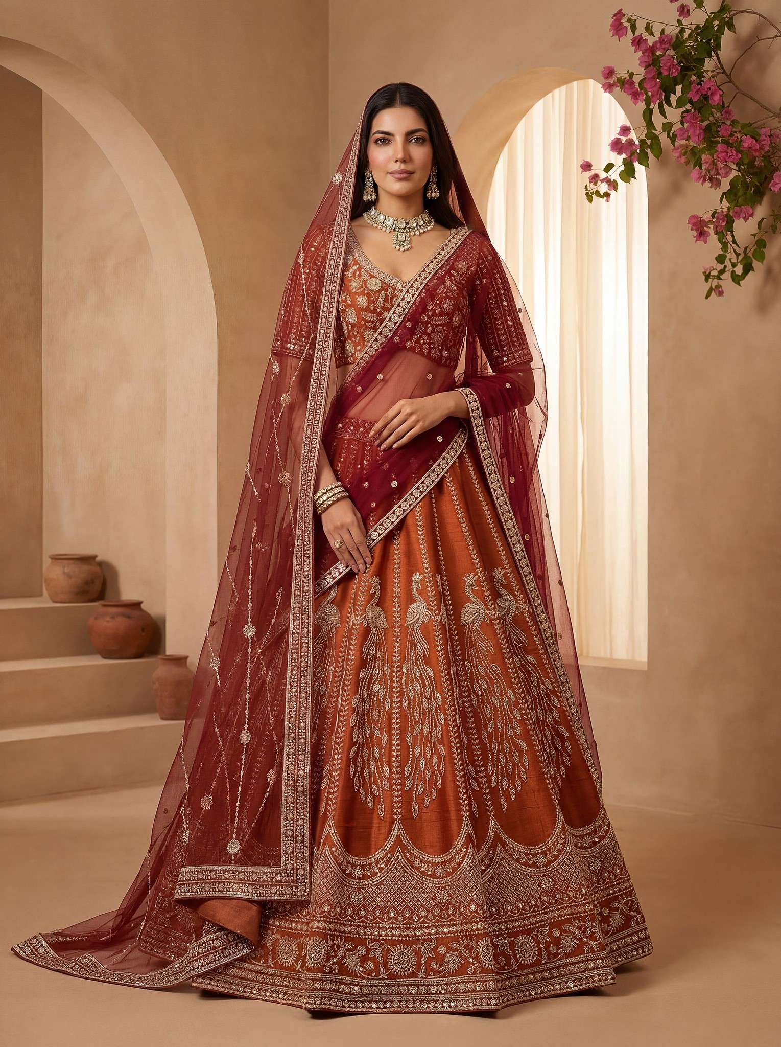 DESIGNER BRIDAL WEDDING PARTY WEAR SILK HAND WORK SEQUENCE ORANGE LEHENGA CHOLI SENHORA DRESSES SM PC HAYAT 101