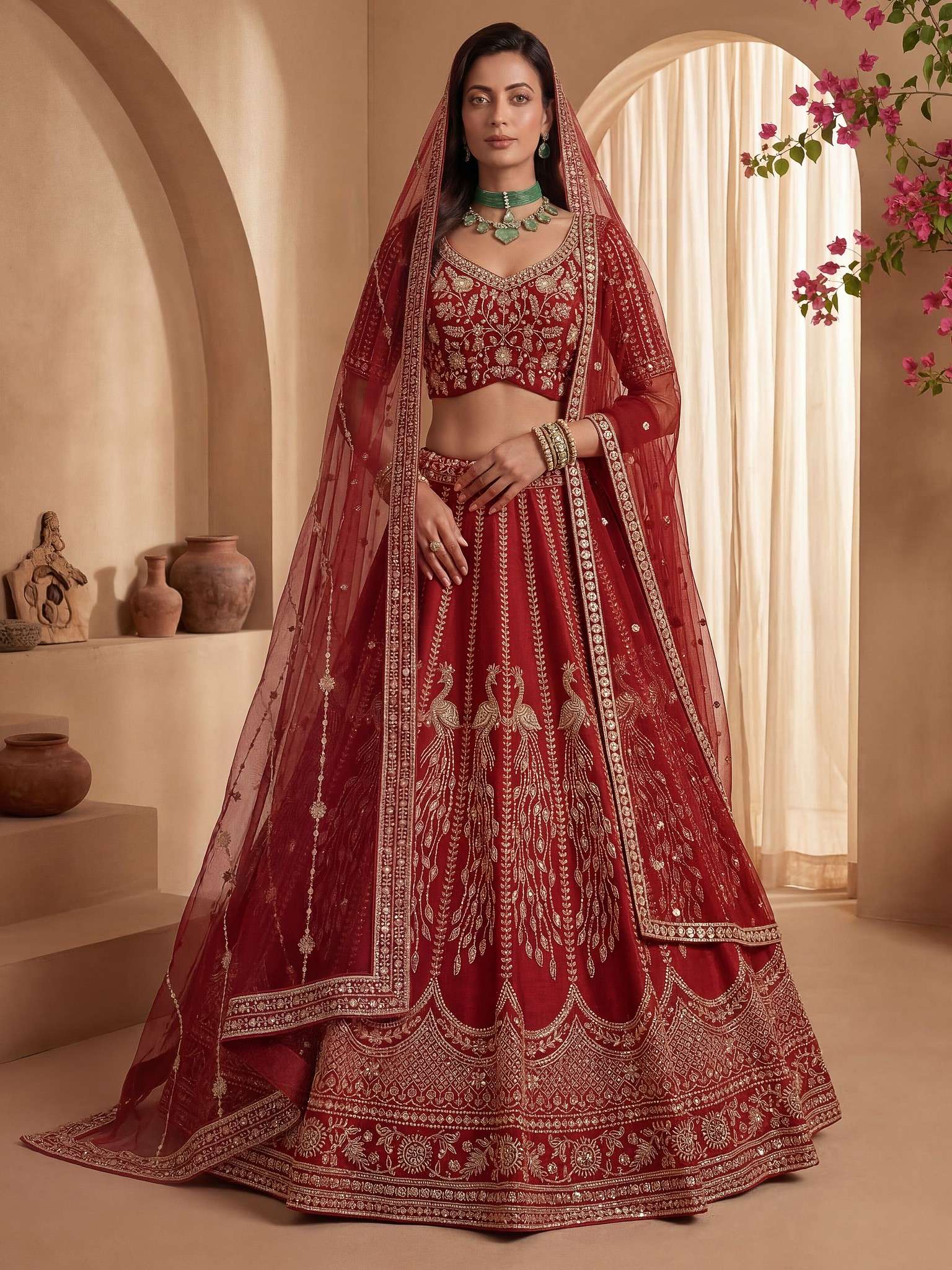 DESIGNER BRIDAL WEDDING PARTY WEAR SILK HAND WORK SEQUENCE RED LEHENGA CHOLI SENHORA DRESSES SM PC HAYAT 102
