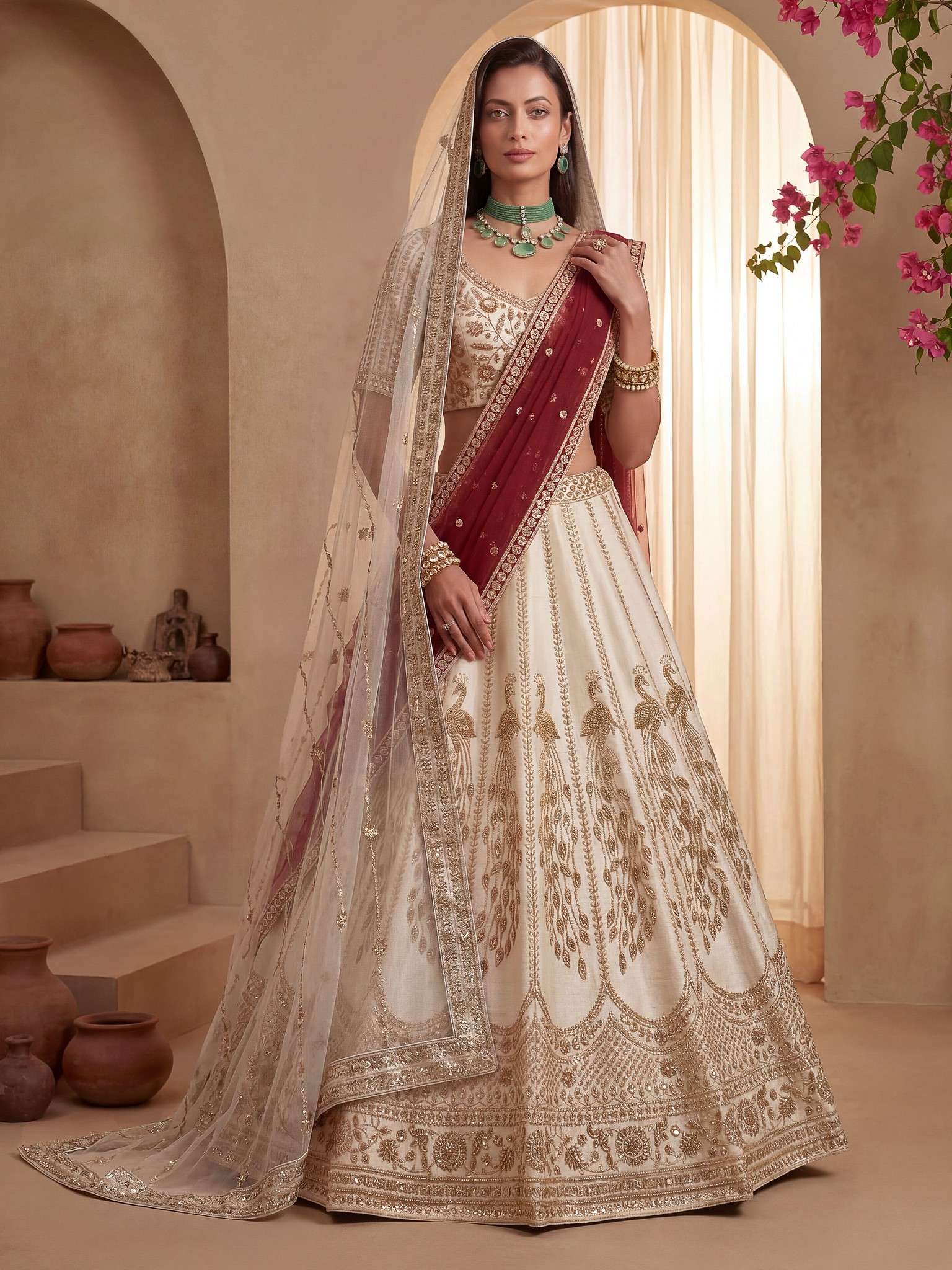 DESIGNER BRIDAL WEDDING PARTY WEAR SILK HAND WORK SEQUENCE WHITE LEHENGA CHOLI SENHORA DRESSES SM PC HAYAT 104