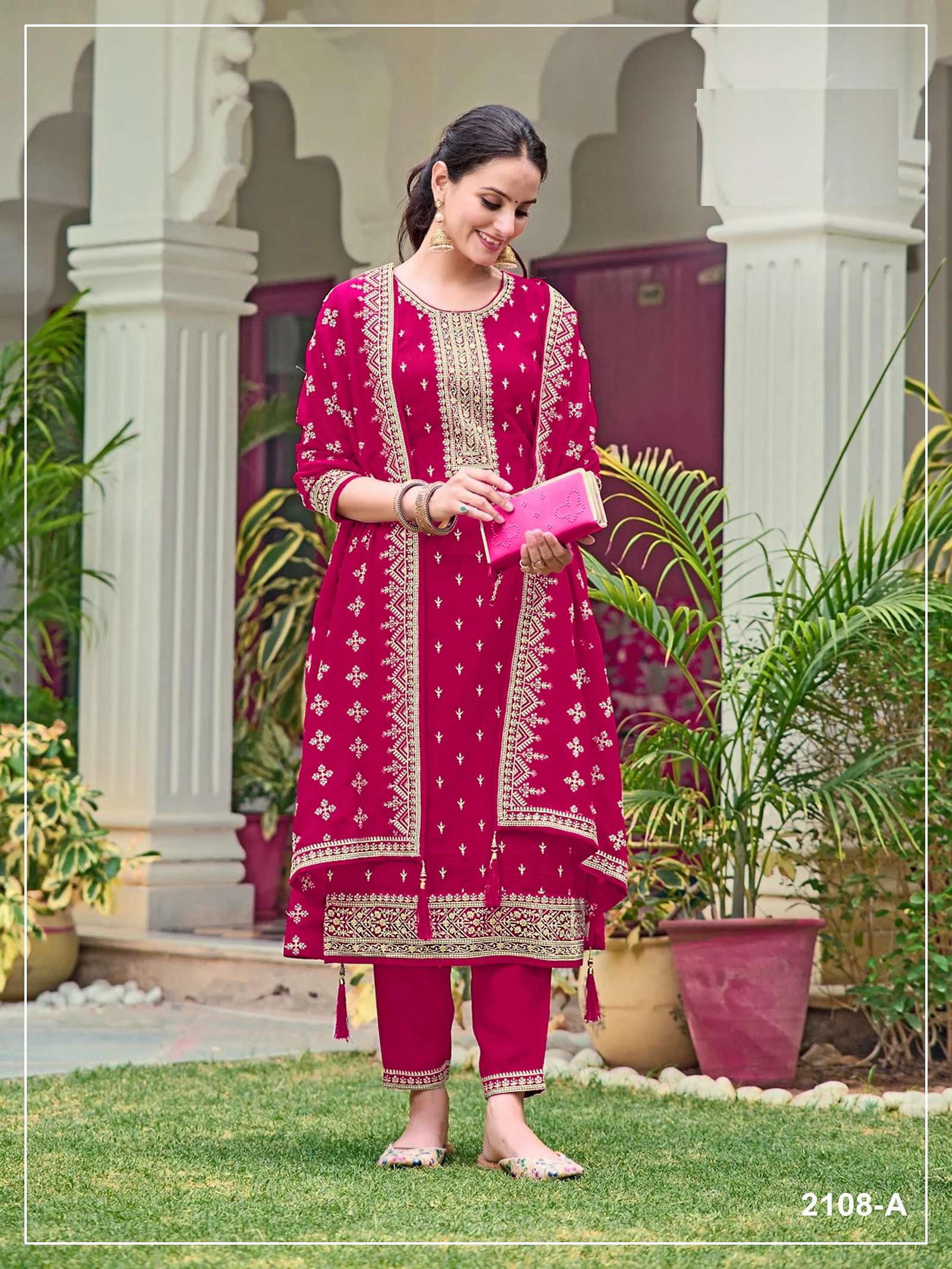 DESIGNER FANCY PARTY WEAR BLOOMING FAUX GEORGETTE RANI PINK SALWAR SUIT PALAZZO JG 2108 A