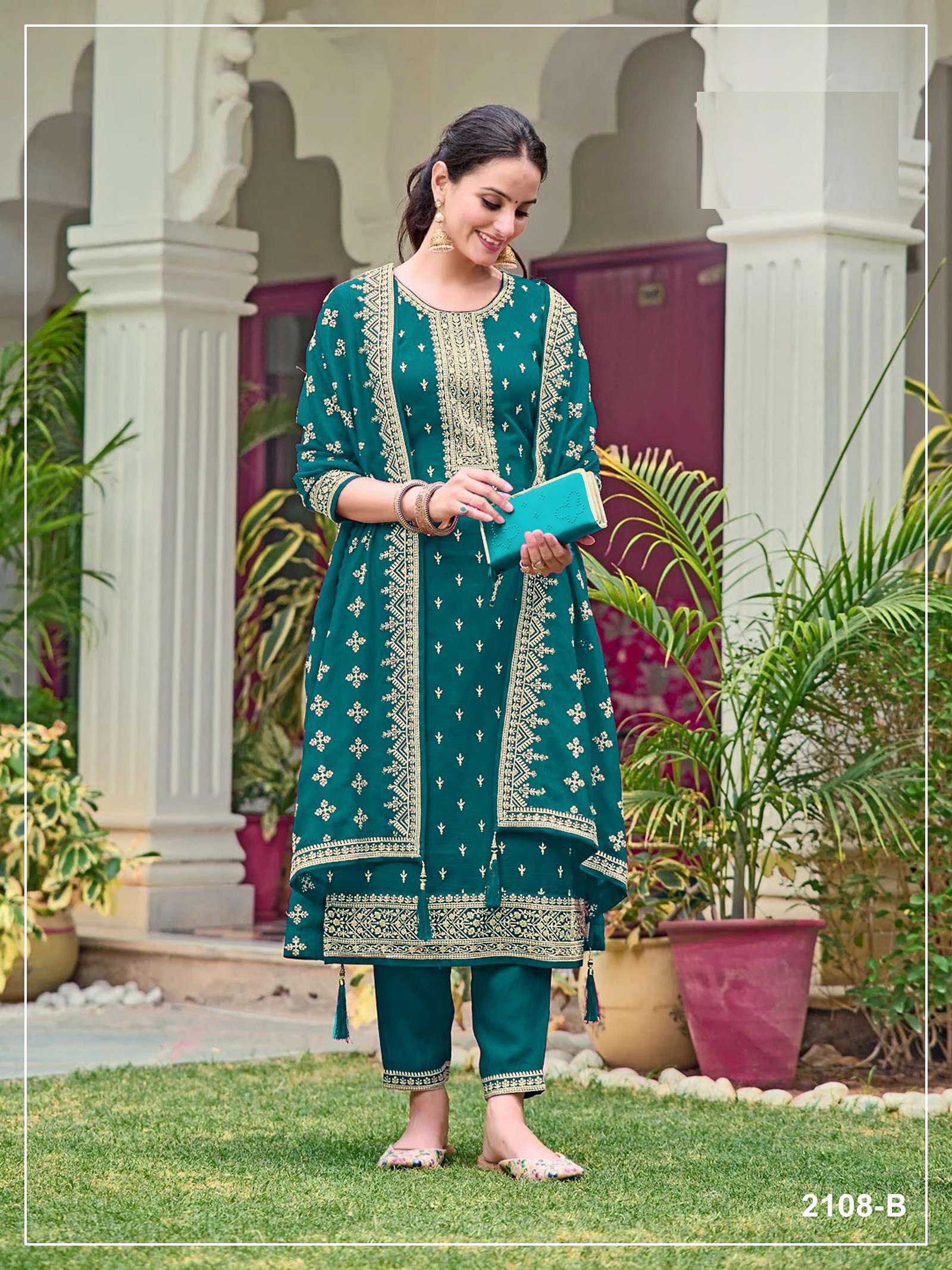 DESIGNER FANCY PARTY WEAR BLOOMING FAUX GEORGETTE TEAL BLUE SALWAR SUIT PALAZZO JG 2108 B