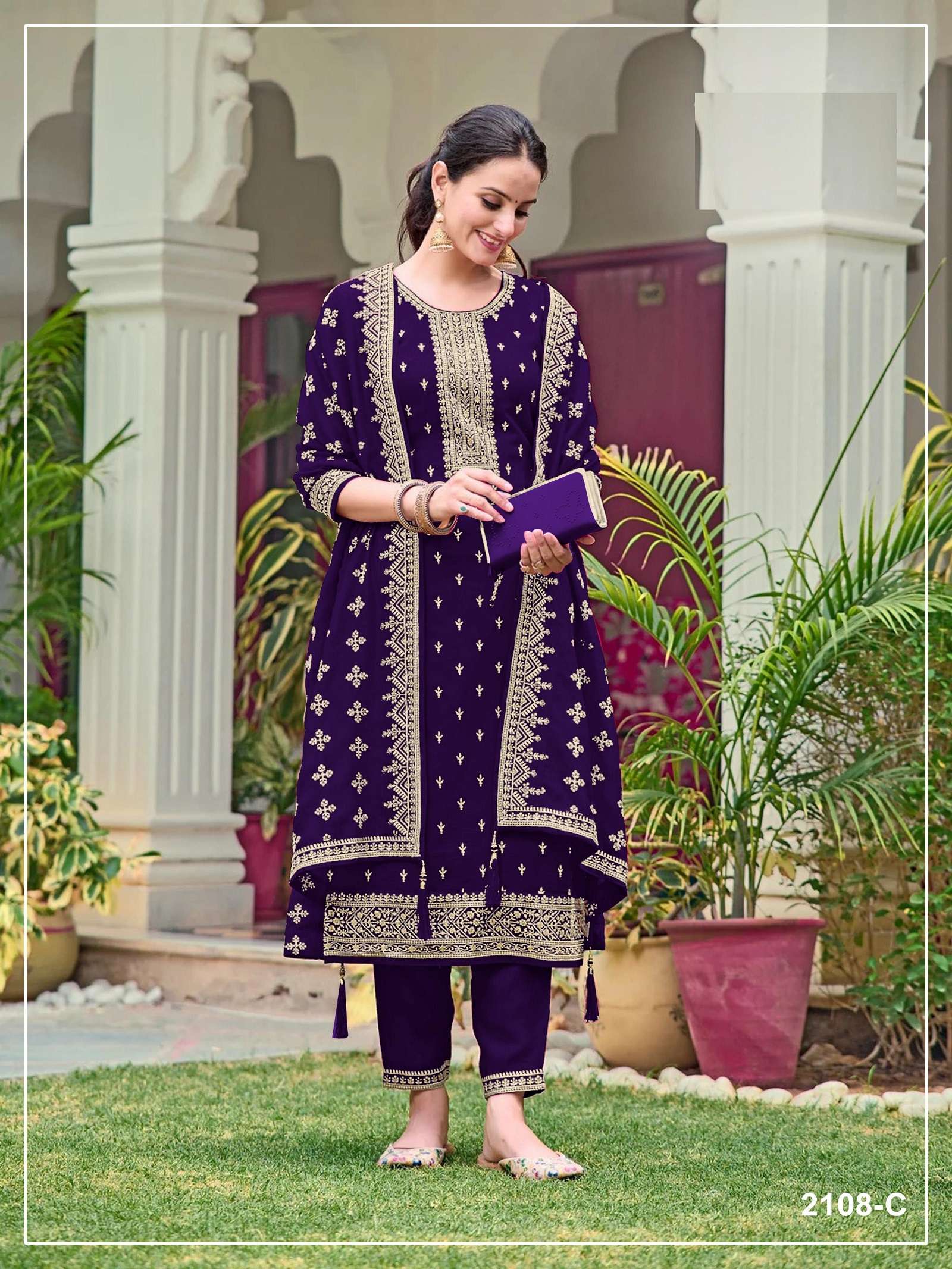DESIGNER FANCY PARTY WEAR BLOOMING FAUX GEORGETTE PURPLE SALWAR SUIT PALAZZO JG 2108 C