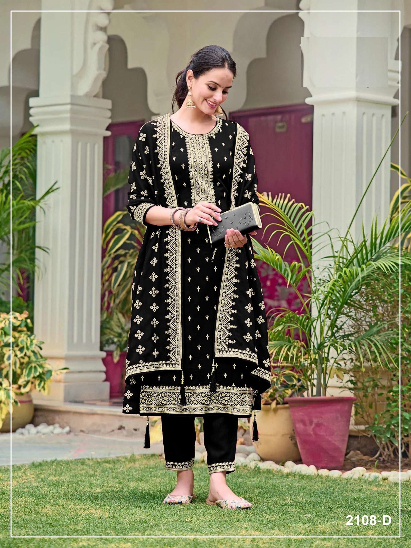 DESIGNER FANCY PARTY WEAR BLOOMING FAUX GEORGETTE BLACK SALWAR SUIT PALAZZO JG 2108 D