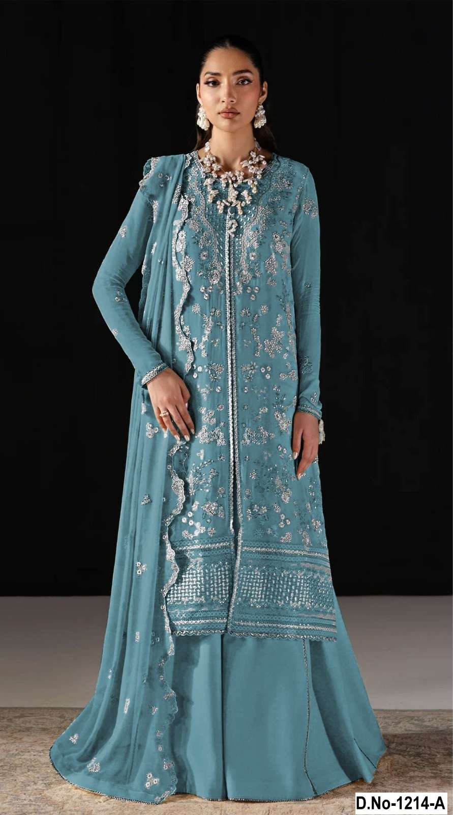 DESIGNER FANCY PARTY WEAR CHIFFON PAKISTANI BLUE SHARARA SALWAR SUIT PALAZZO SHF 1214 A