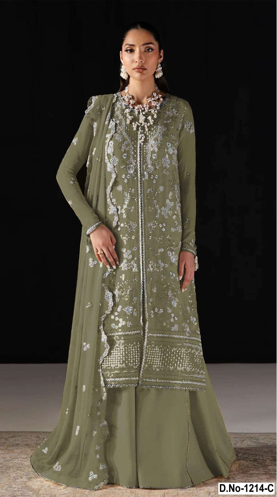 DESIGNER FANCY PARTY WEAR CHIFFON PAKISTANI GREEN SHARARA SALWAR SUIT PALAZZO SHF 1214 C