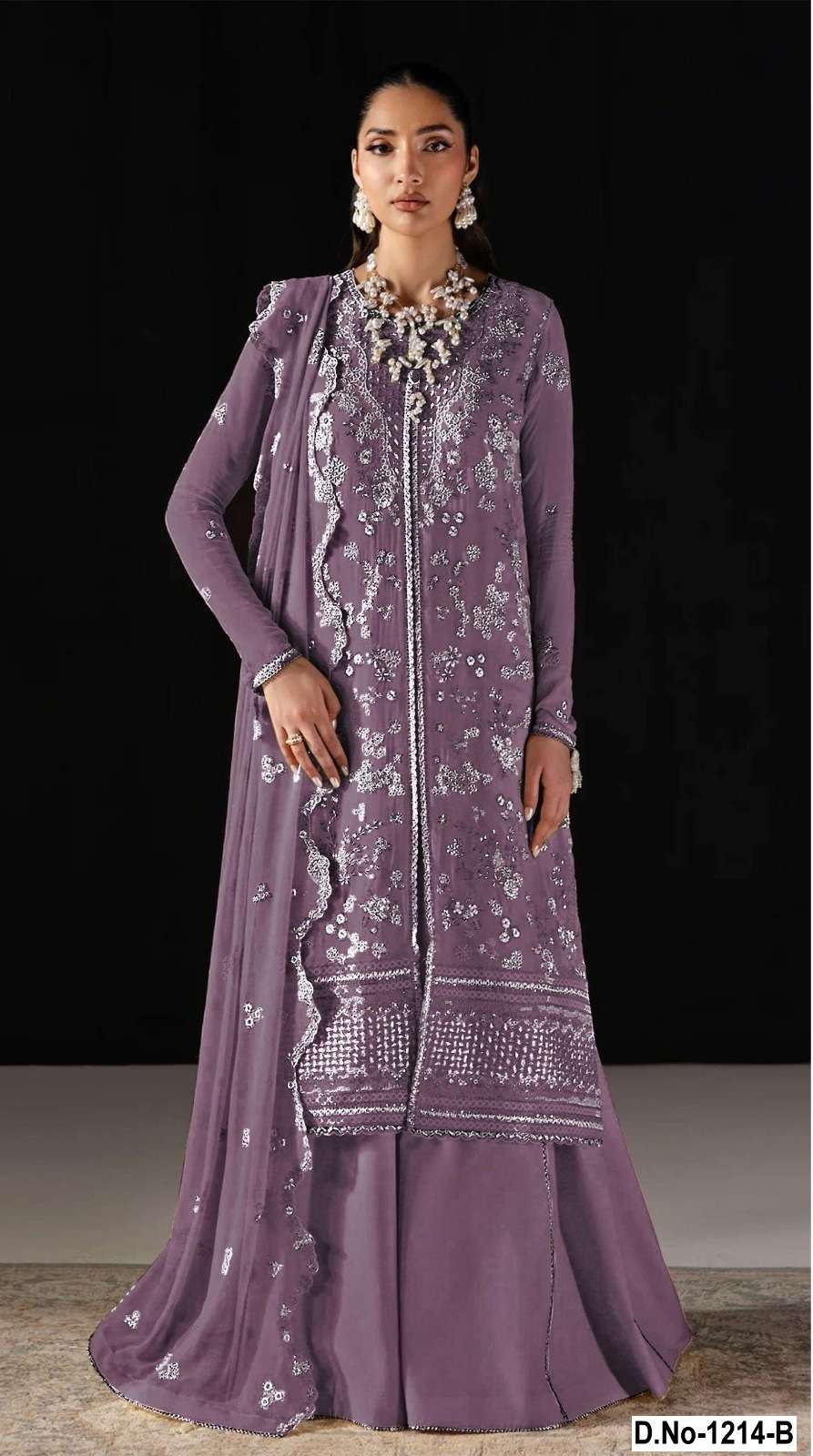 DESIGNER FANCY PARTY WEAR CHIFFON PAKISTANI PURPLE SHARARA SALWAR SUIT PALAZZO SHF 1214 B