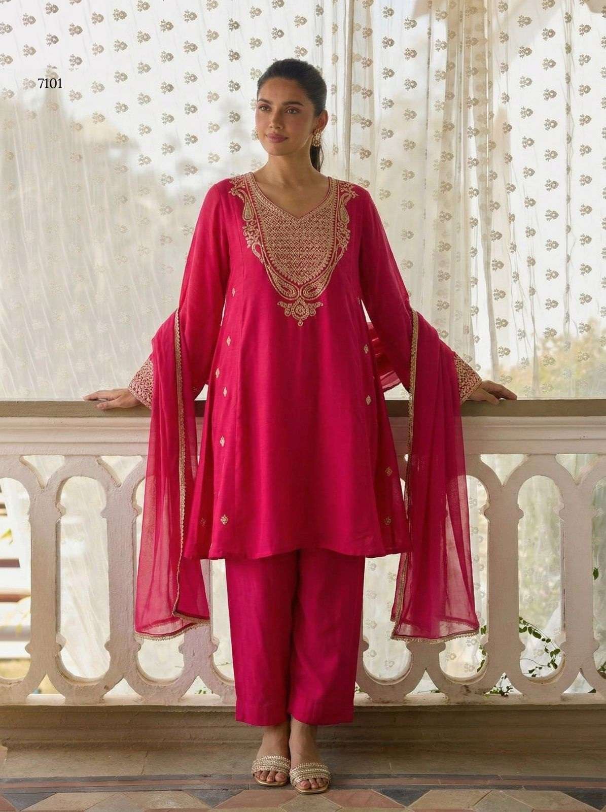 DESIGNER FANCY PARTY WEAR COTTON SILK RANI PINK PALLAZO SALWAR SUIT PALAZZO ALZ 7101