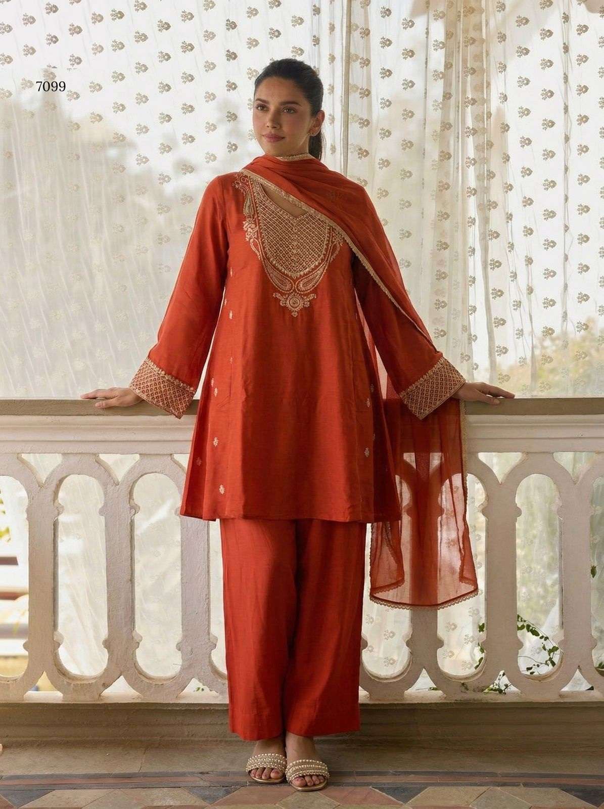 DESIGNER FANCY PARTY WEAR COTTON SILK RED PALLAZO SALWAR SUIT PALAZZO ALZ 7099