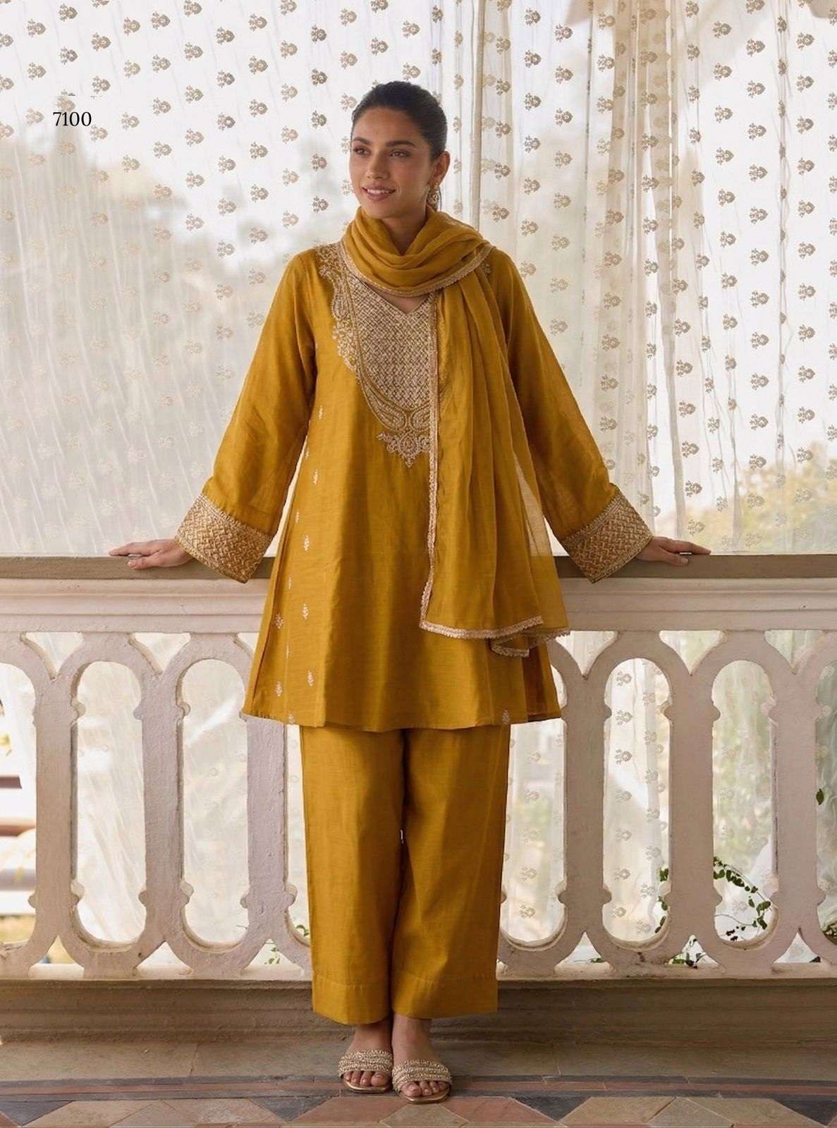DESIGNER FANCY PARTY WEAR COTTON SILK YELLOW PALLAZO SALWAR SUIT PALAZZO ALZ 7100