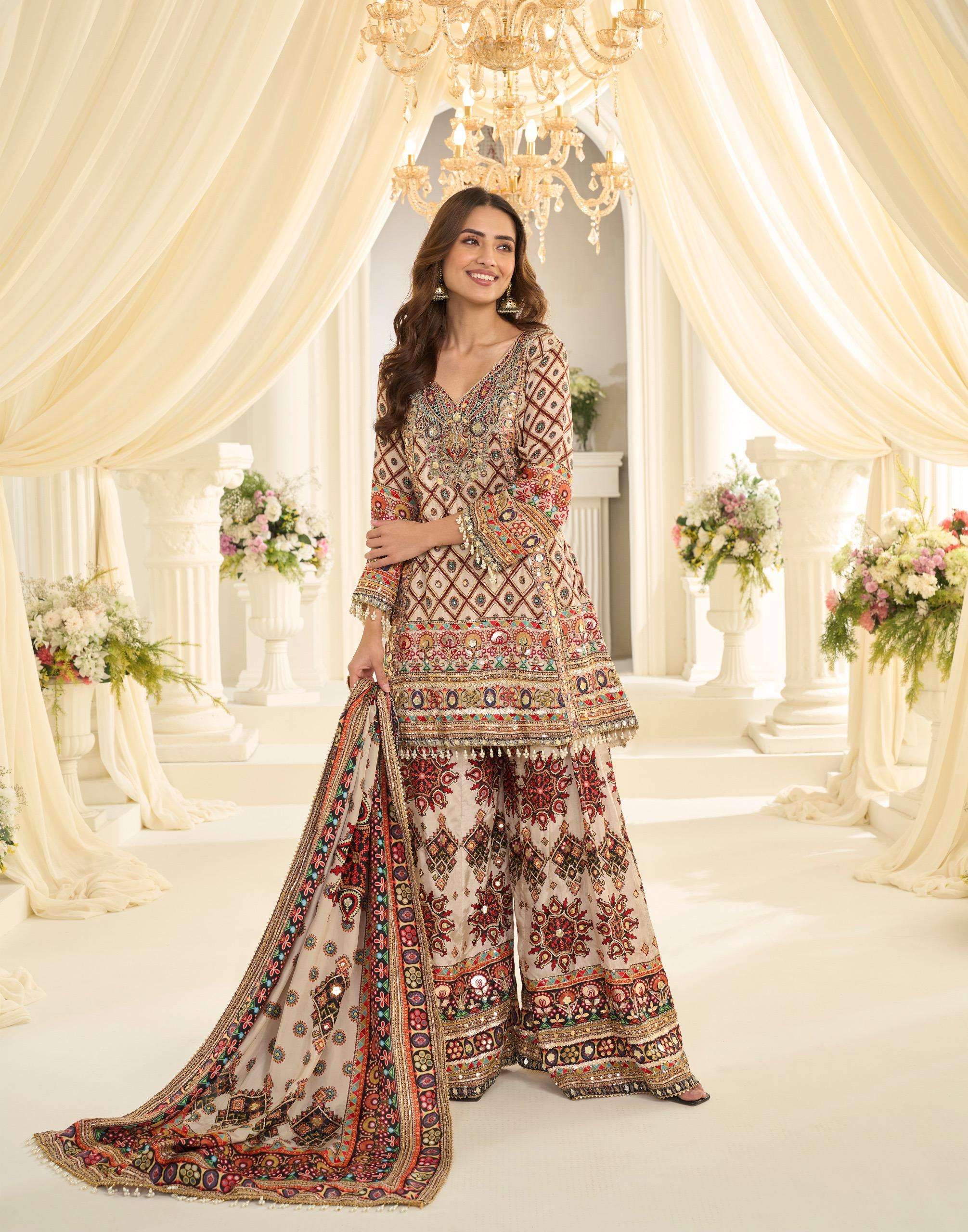 DESIGNER FANCY PARTY WEAR CREPE SILK READY MADE BEIGE SHARARA SALWAR SUIT PALAZZO SY FATIMA 10259