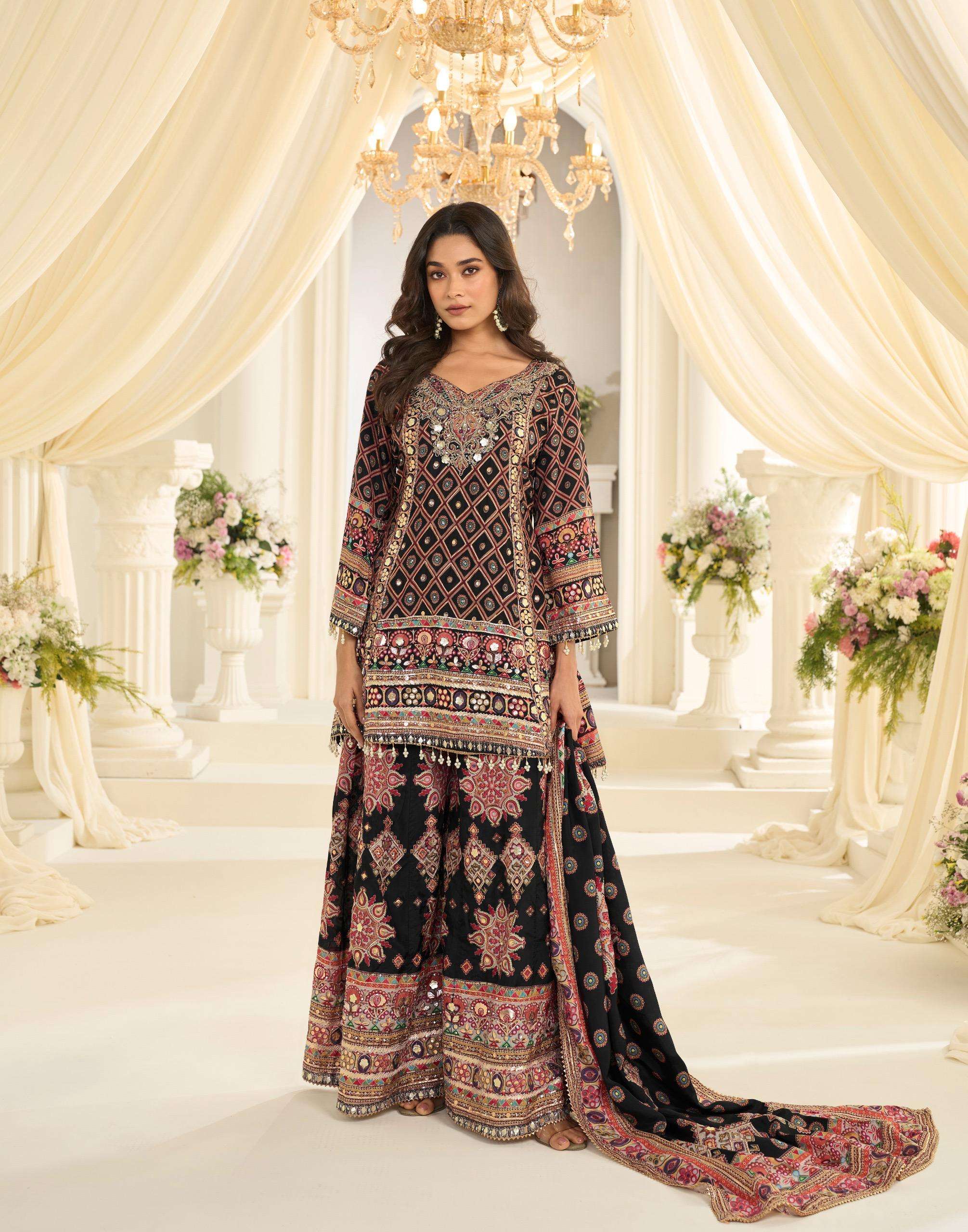 DESIGNER FANCY PARTY WEAR CREPE SILK READY MADE BLACK SHARARA SALWAR SUIT PALAZZO SY FATIMA 10258